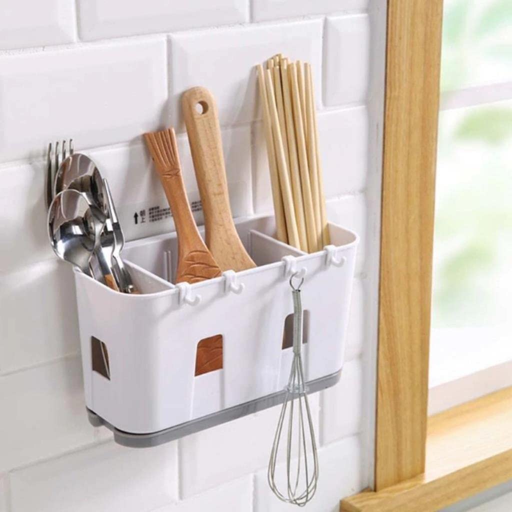 Wall Mounted Kitchen Utensil Organizer with Drip Tray - Cutlery Drainer Rack for Spoons, Forks, Chopsticks - Space Saving Cabinet Storage Solution (Gray) - Perfect for Small Kitchens & Organized Cooking Spaces
