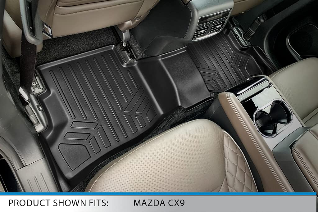 Premium SMARTLINER Custom Fit Floor Mats - 3 Row Liner Set (Black) for 2016-2021 Mazda CX-9 | 2nd Row Bucket/Bench with Center Console | All-Weather Protection & Easy Cleaning for SUVs, Family Cars & Road Trips