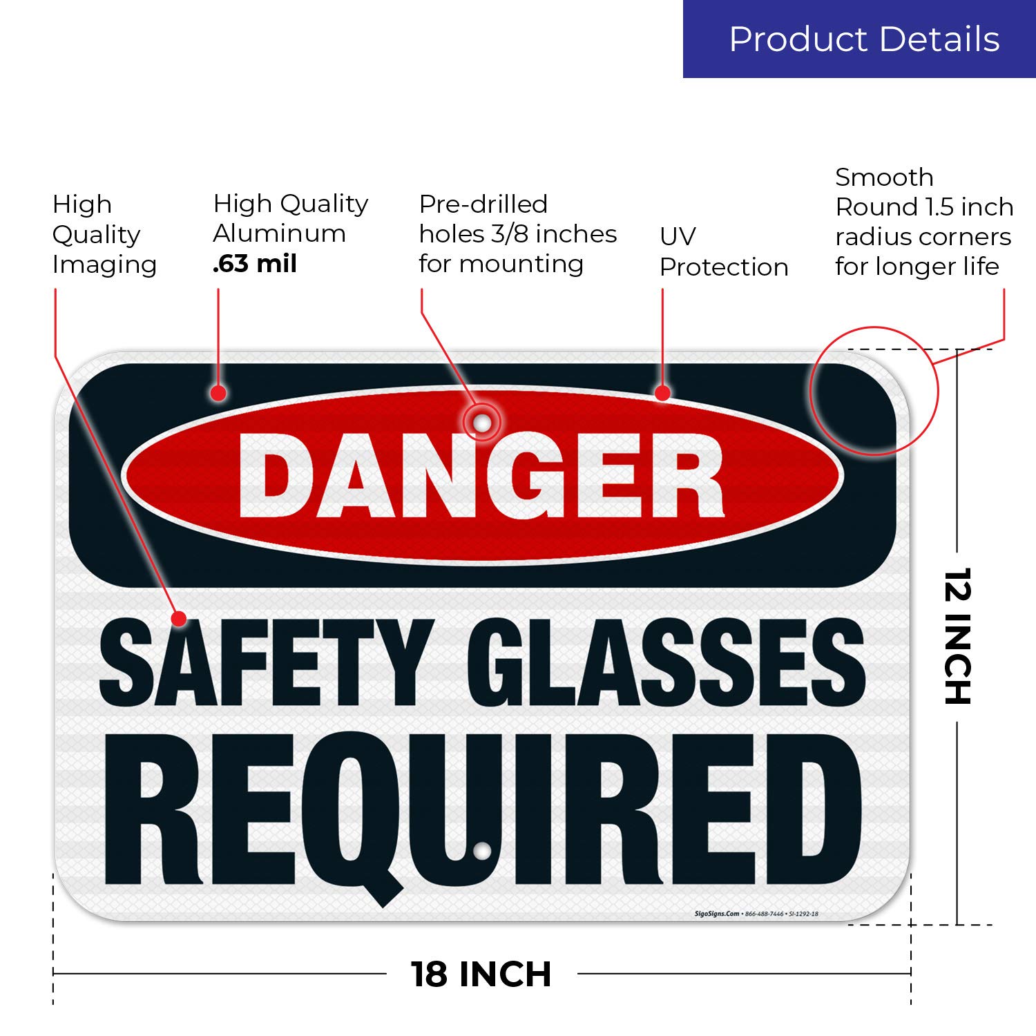 Danger Safety Glasses Required Sign - OSHA Compliant 12x18 Inches, 3M EGP Reflective .063 Aluminum, Fade Resistant for Indoor/Outdoor Use - Made in USA | Perfect for Construction Sites, Warehouses & Industrial Safety Areas