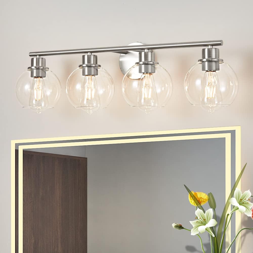 4-Light Modern Brushed Nickel Bathroom Vanity Light with Clear Globe Glass Shade - 29.5 Inch Wall Sconce Lighting for Bathroom Mirror - Perfect for Home, Hotel & Spa Decor