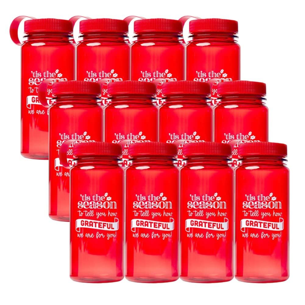 Cheersville 12 Pack 21oz Plastic Wide Mouth Water Bottles with Straw Lid - Reusable BPA-Free Sports Water Bottles for Gym, Hiking & Work - Holiday Red Grateful Design - Perfect Employee Appreciation Gift