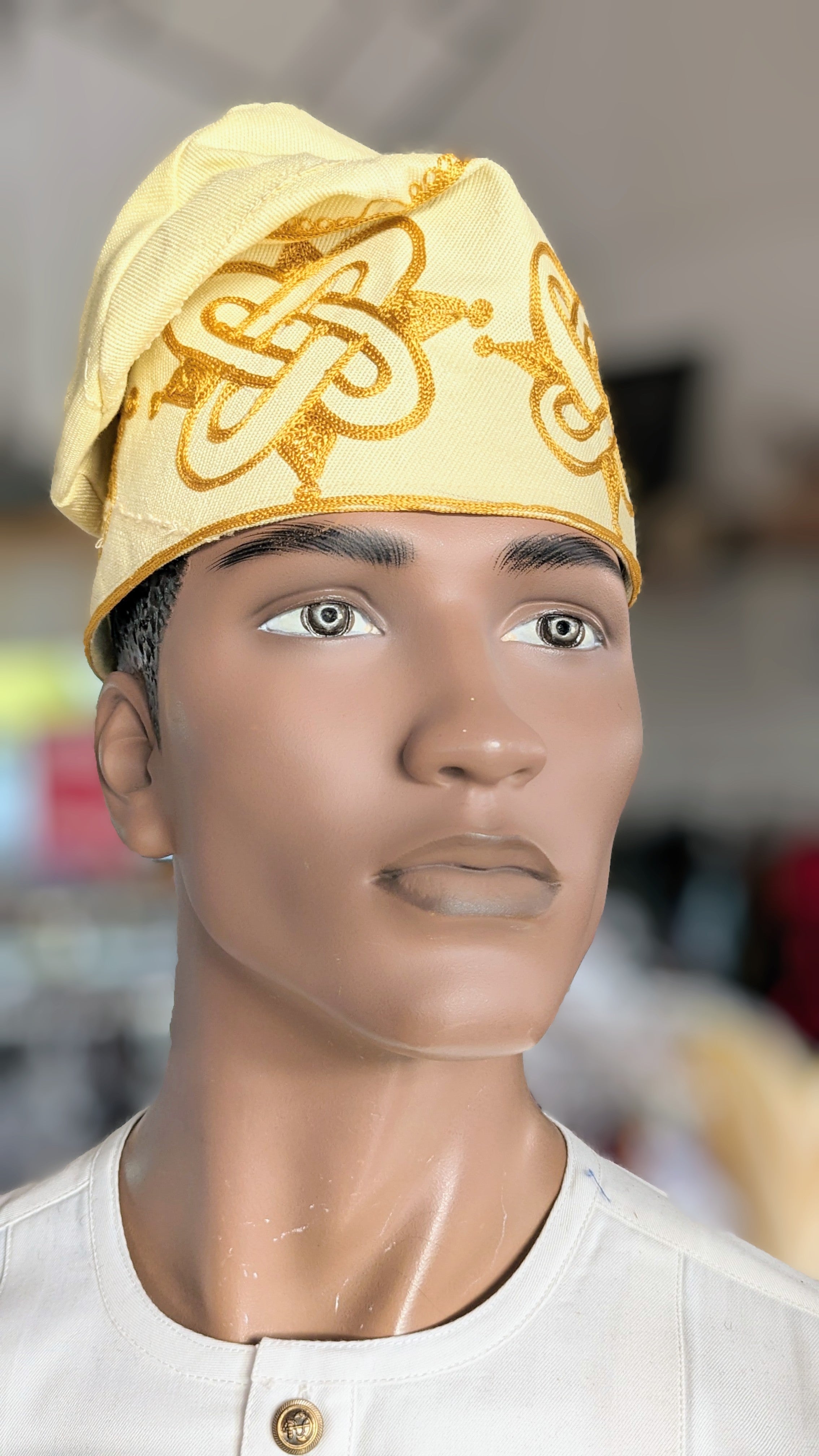 Dupsie's Handwoven Nigerian Aso Oke Kufi Cap - Gold Embroidered African Fila Hat with Gbadun Cream | Traditional Yoruba Headwear for Weddings, Festivals & Cultural Events