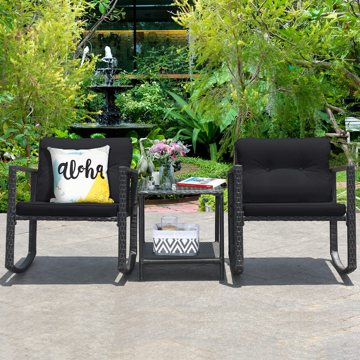 Tangkula 3-Piece Outdoor Wicker Rocking Bistro Set with Cushioned Seats, Glass Coffee Table & Storage Shelf - Black Patio Furniture for Garden, Porch or Backyard Relaxation