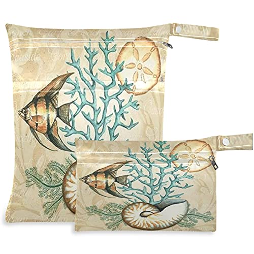 Visesunny 2-Pack Coral Shell Fish Wet Bags with Zipper Pockets - Reusable & Washable Waterproof Storage for Travel, Beach, Pool, Daycare | Perfect for Swimsuits, Gym Clothes, Diapers & Toiletries | Great for Moms, Babies & Outdoor Activities