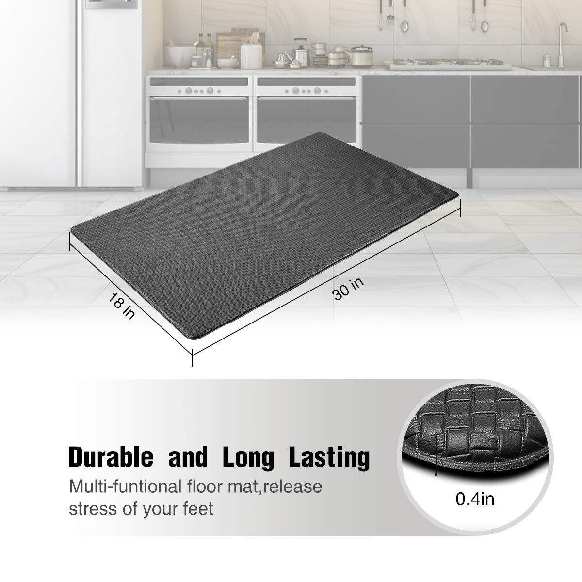 Anti-Fatigue Comfort Mat - Non-Slip Cushioned Standing Desk Mat for Kitchen, Office & Gaming - 18x30 Inch Black - Ergonomic Support for Long Hours of Standing Work or Play