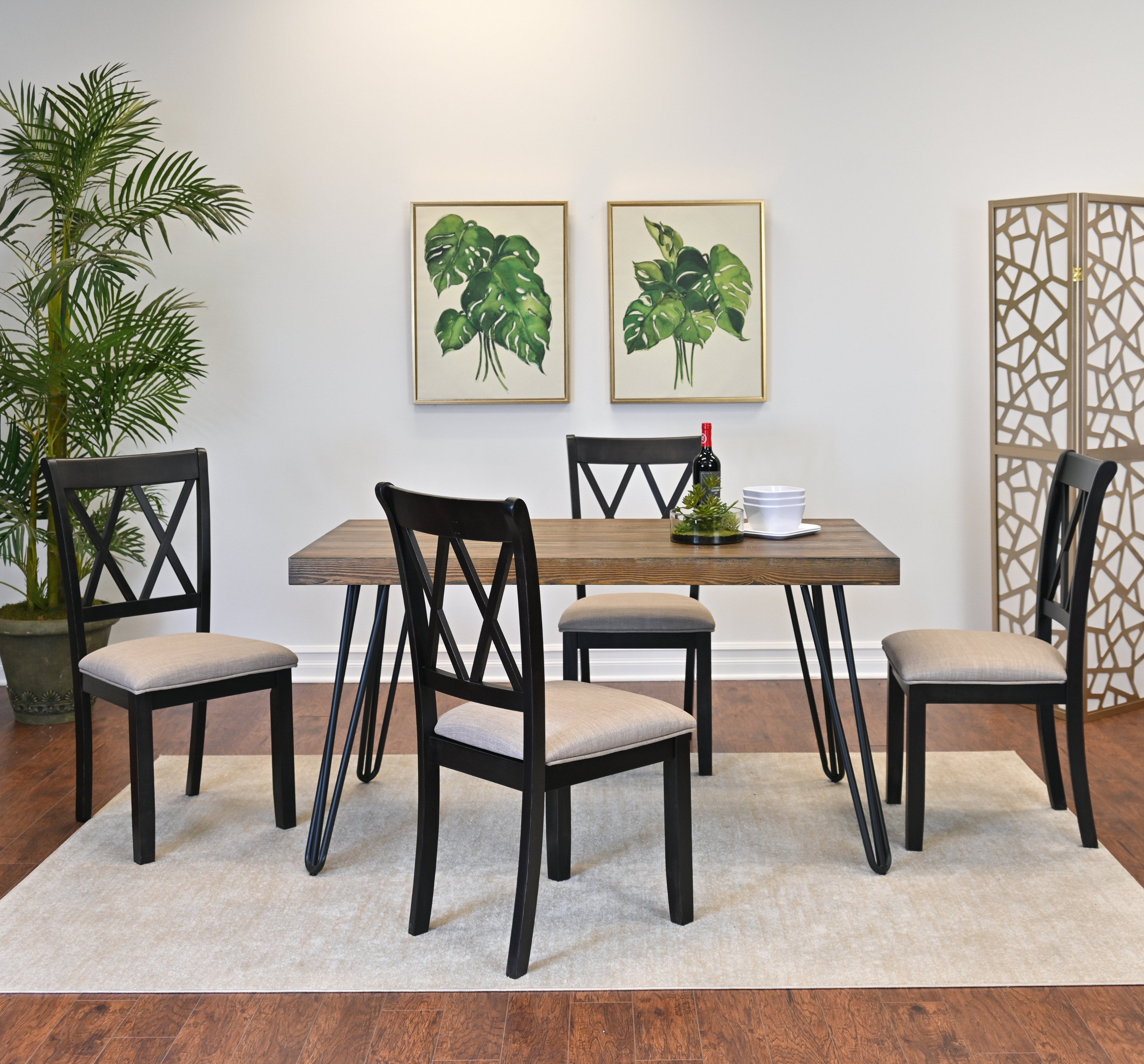 Roundhill Furniture Arroyo 5-Piece Dining Set - Hairpin Leg Dining Table with 4 Cross Back Chairs in Rich Black | Modern Kitchen & Dining Room Furniture for Small Spaces