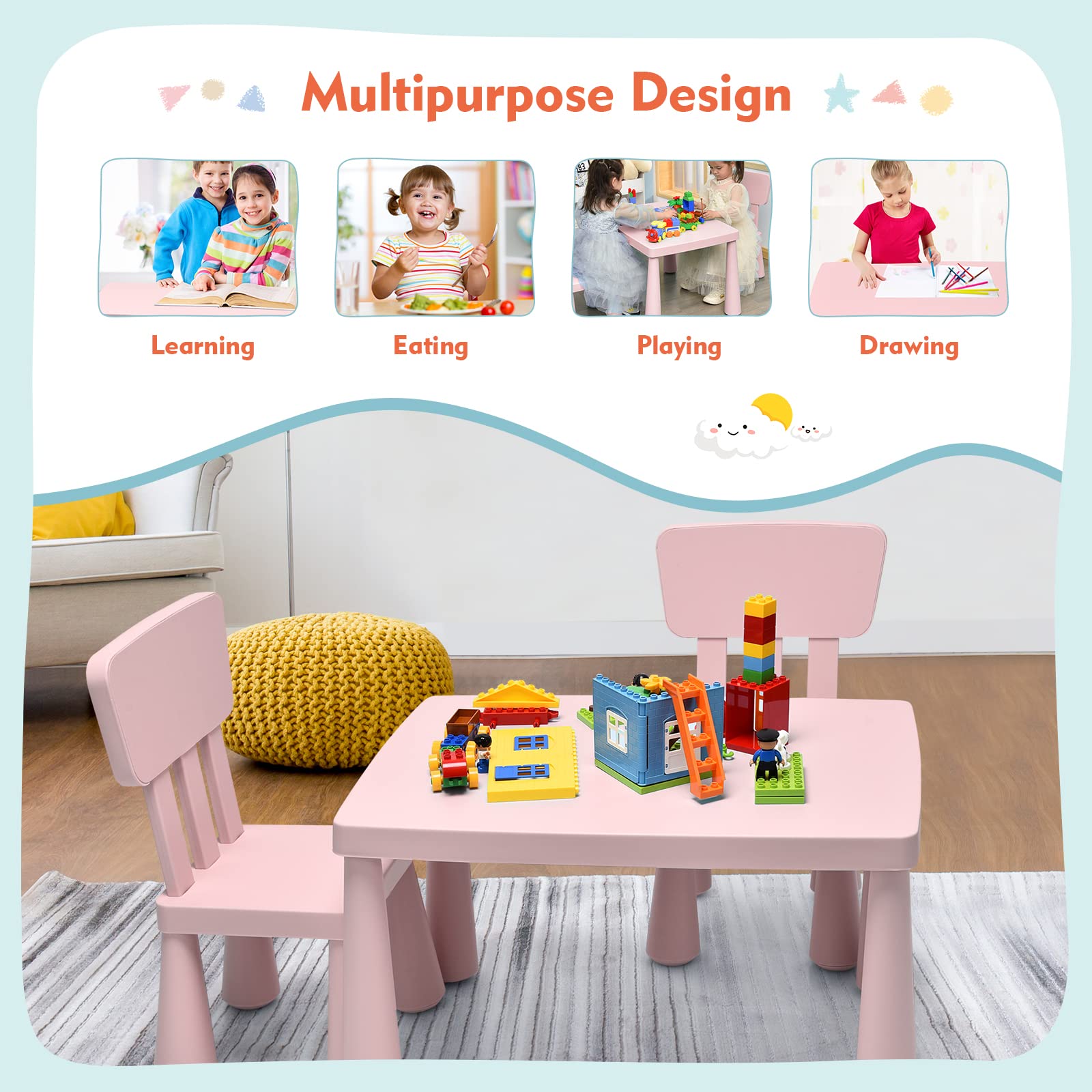 COSTWAY 3-Piece Kids Table and Chairs Set - Lightweight Plastic Children's Activity Table for Reading, Writing, Drawing & Snacks | Study Desk & Chair Set for Toddlers Ages 1-7 | Perfect for Preschool, Daycare & Home Playroom (Pink)