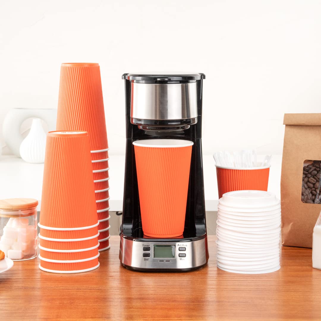 16oz Insulated Coffee Cups with Lids - 200 Pack Leakproof Disposable Hot Drink Cups for Coffee, Tea & Cocoa | Non-Slip Ripple Wall Design | Tangerine Orange Paper Cups for Restaurants, Cafes & Office Use