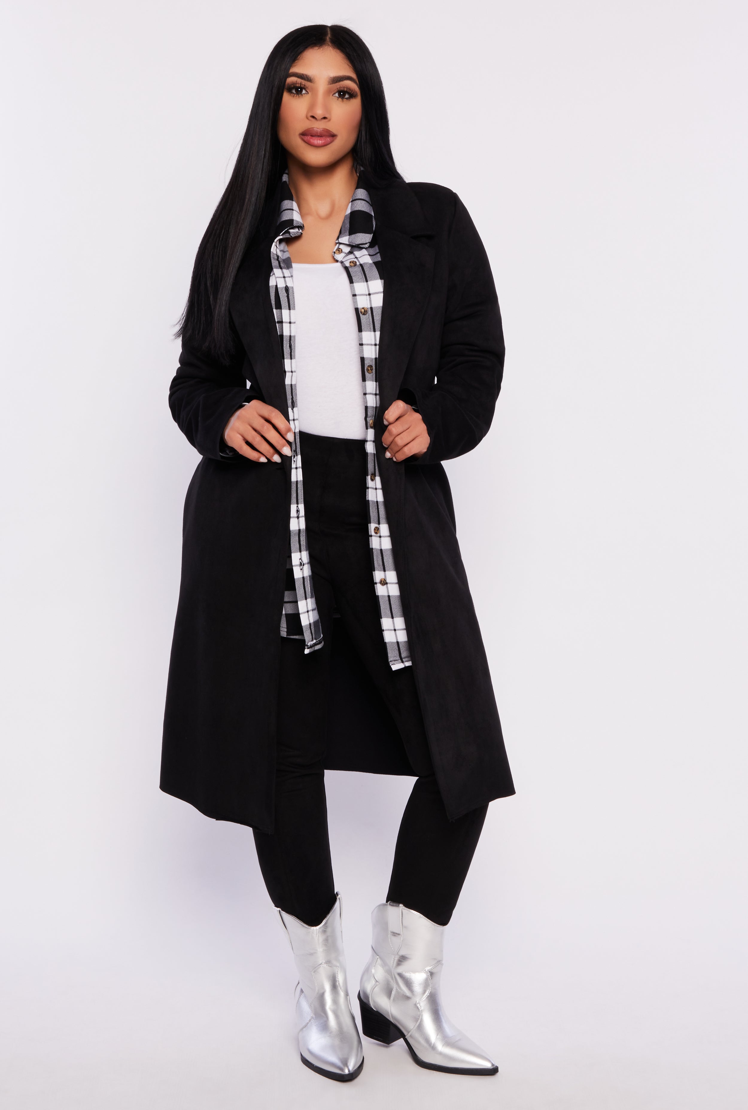 Luxury Faux Suede Coat for Women - Elegant Long Trench Coat with Belt - Perfect for Fall Winter Fashion, Office Wear & Evening Outfits