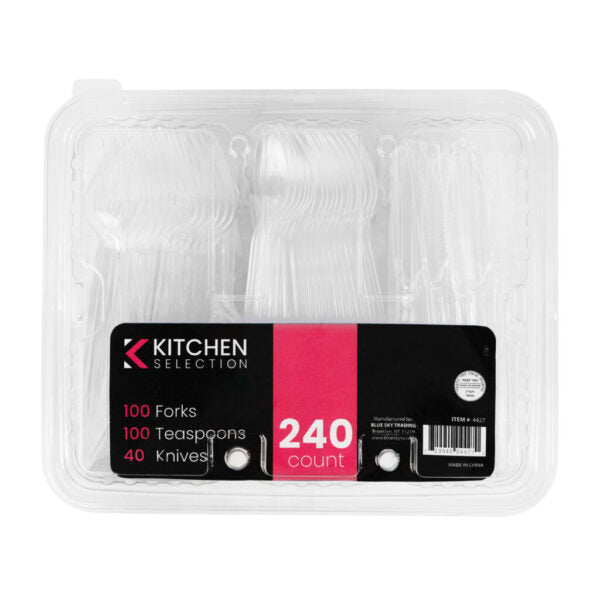 Clear Plastic Cutlery Sectional Tray - 240 Count Disposable Utensil Organizer for Parties, Picnics, Catering & Events - Knife Fork Spoon Holder