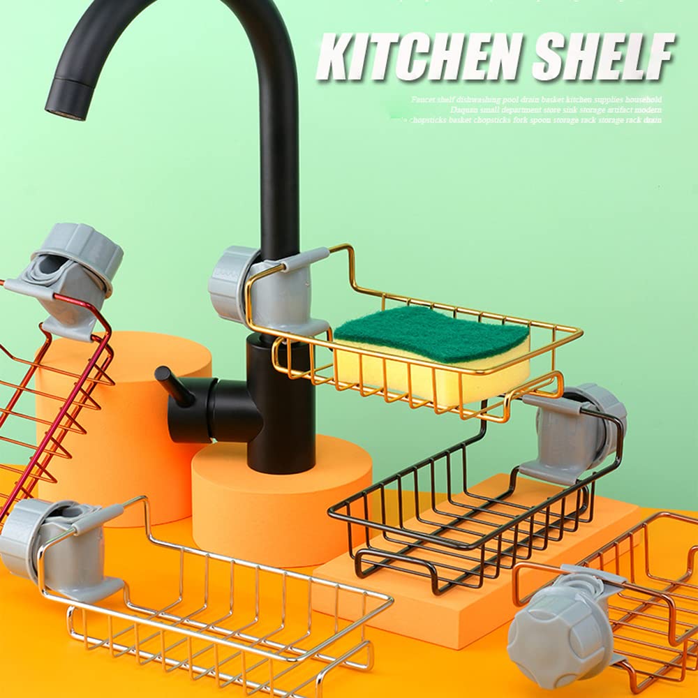 Stainless Steel Faucet Sponge Holder - Over Sink Organizer Rack with Drain Tray - Space Saving Kitchen Sink Caddy for Sponges & Brushes (Blue) - Perfect for Small Kitchens & RVs