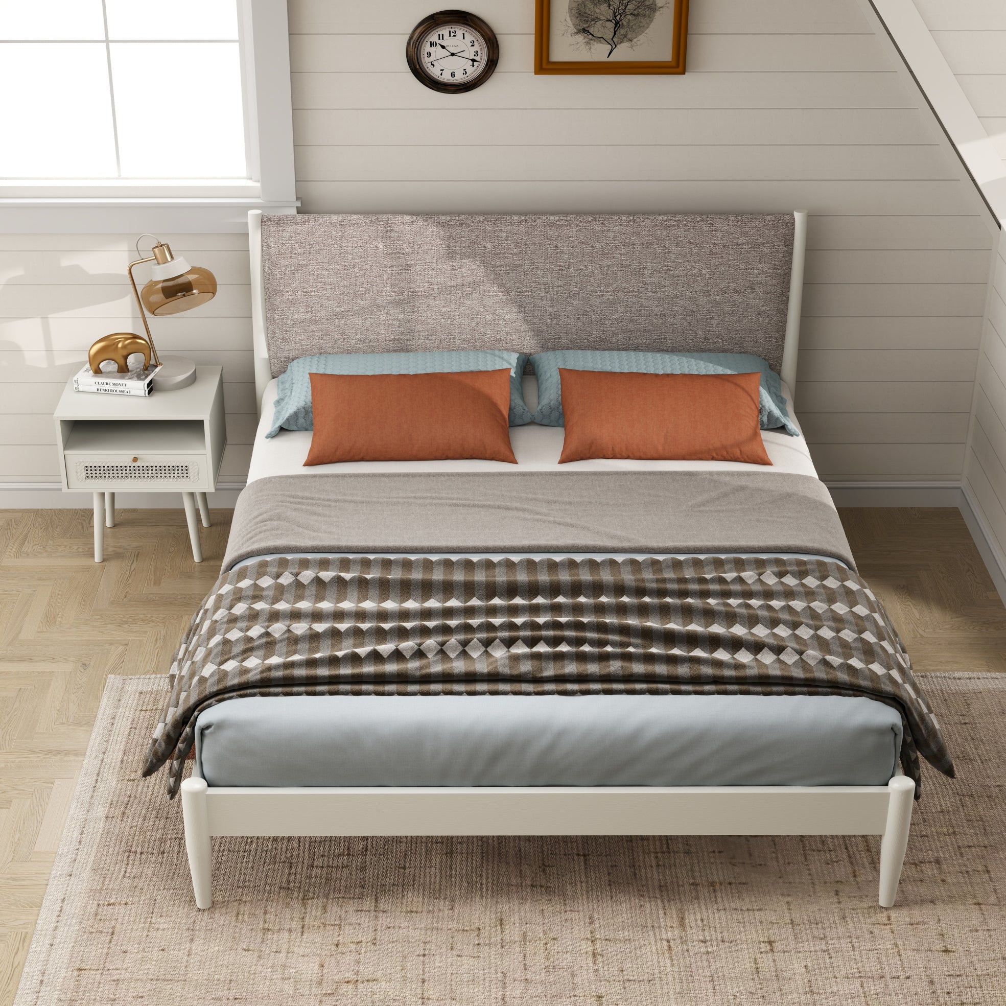 Roundhill Furniture Feeney 2-Piece Queen Bedroom Set - Cream White Platform Bed with Nightstand | Modern Minimalist Bedroom Decor for Small Spaces & Guest Rooms