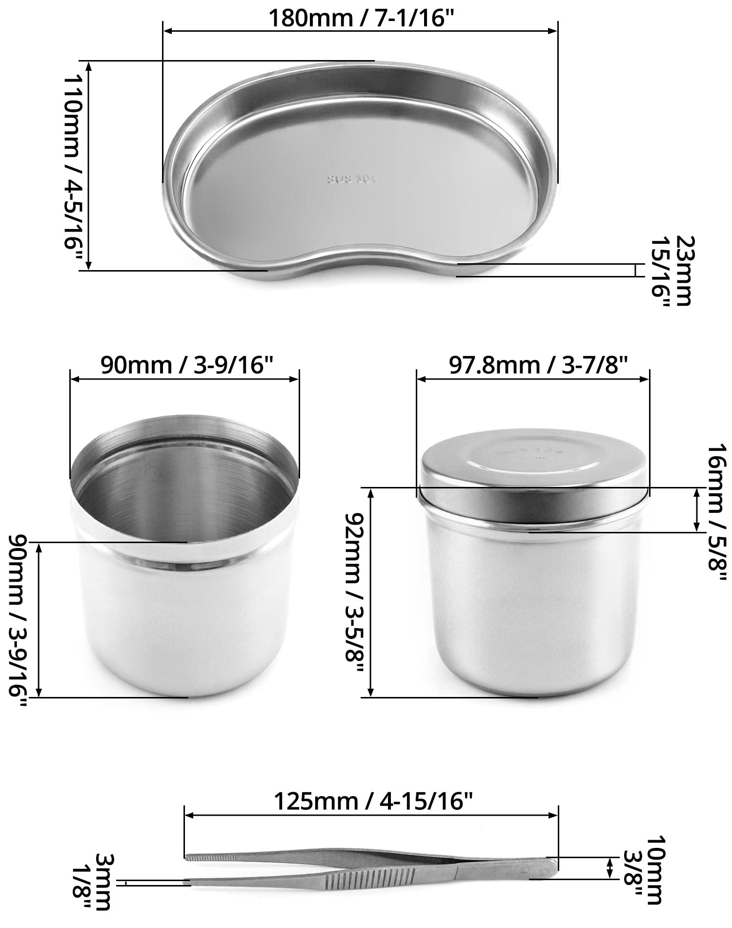 QWORK Stainless Steel Medical Tray with Sterilizing Jar & Tweezer - Surgical Instrument Tray for Dentist, Tattoo, Piercing & First Aid Kit Organization - Perfect for Clinics, Hospitals & Home Medical Care
