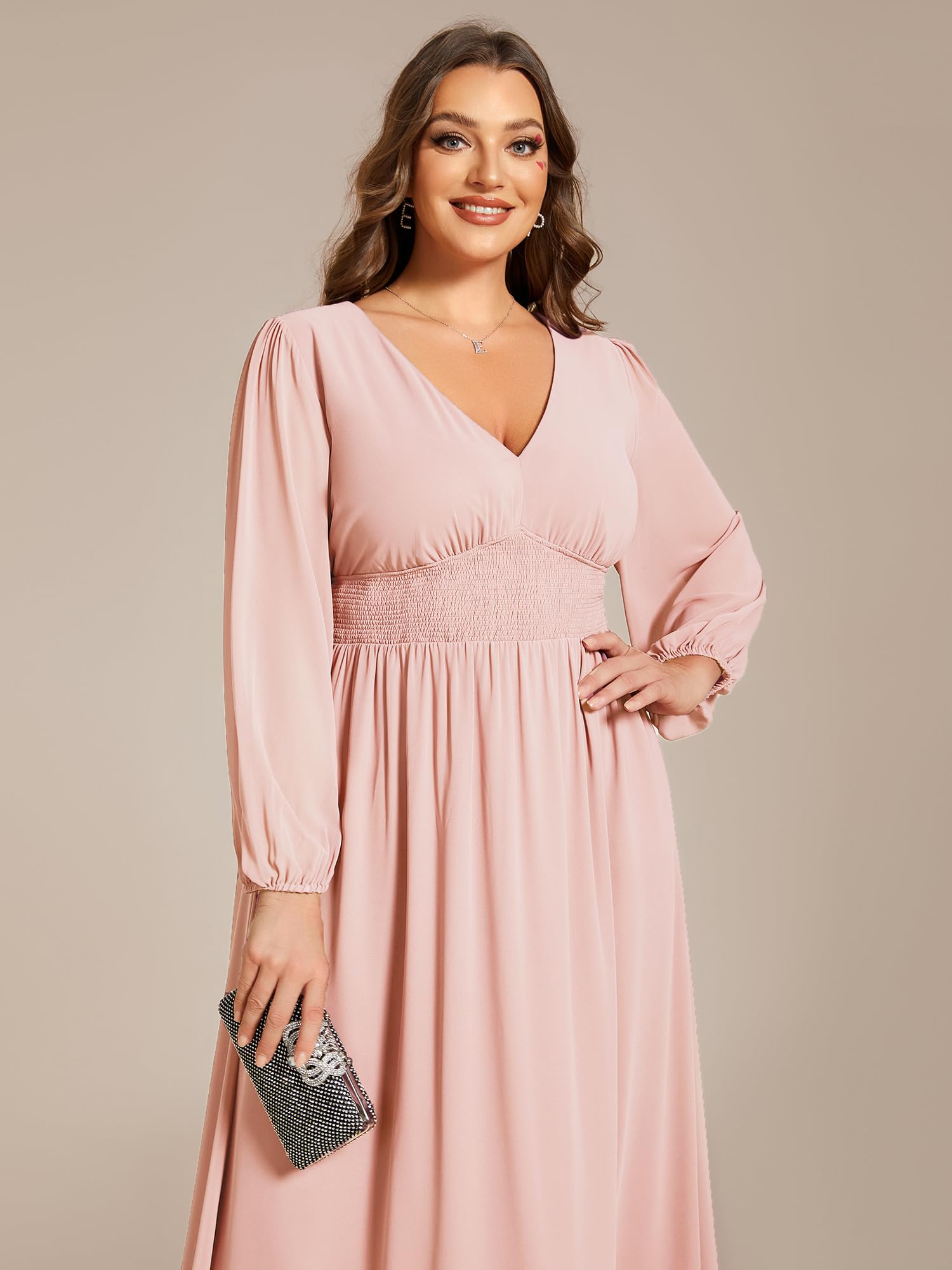 Ever-Pretty Women's Plus Size A-Line V-Neck Lantern Sleeve Midi Formal Dress for Curvy Women 01929-DA | Elegant Wedding Guest & Cocktail Party Attire