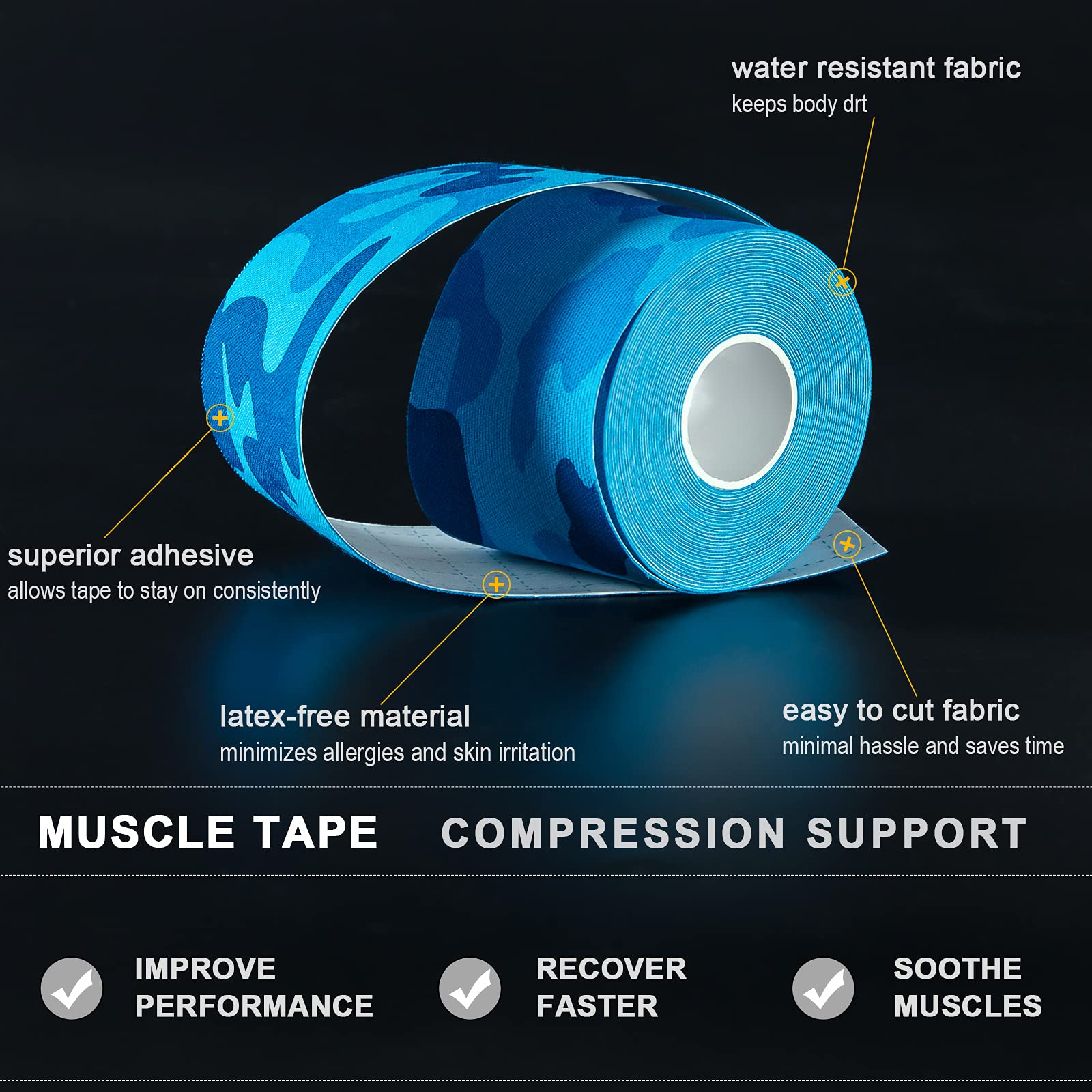 4 Pack Kinesiology Tape for Sports & Athletes - 16 FT Waterproof Athletic Tape for Knee, Elbow, Shoulder Support & Muscle Pain Relief (Camouflage Blue) | Ideal for Running, Gym Workouts, Physical Therapy & Injury Recovery