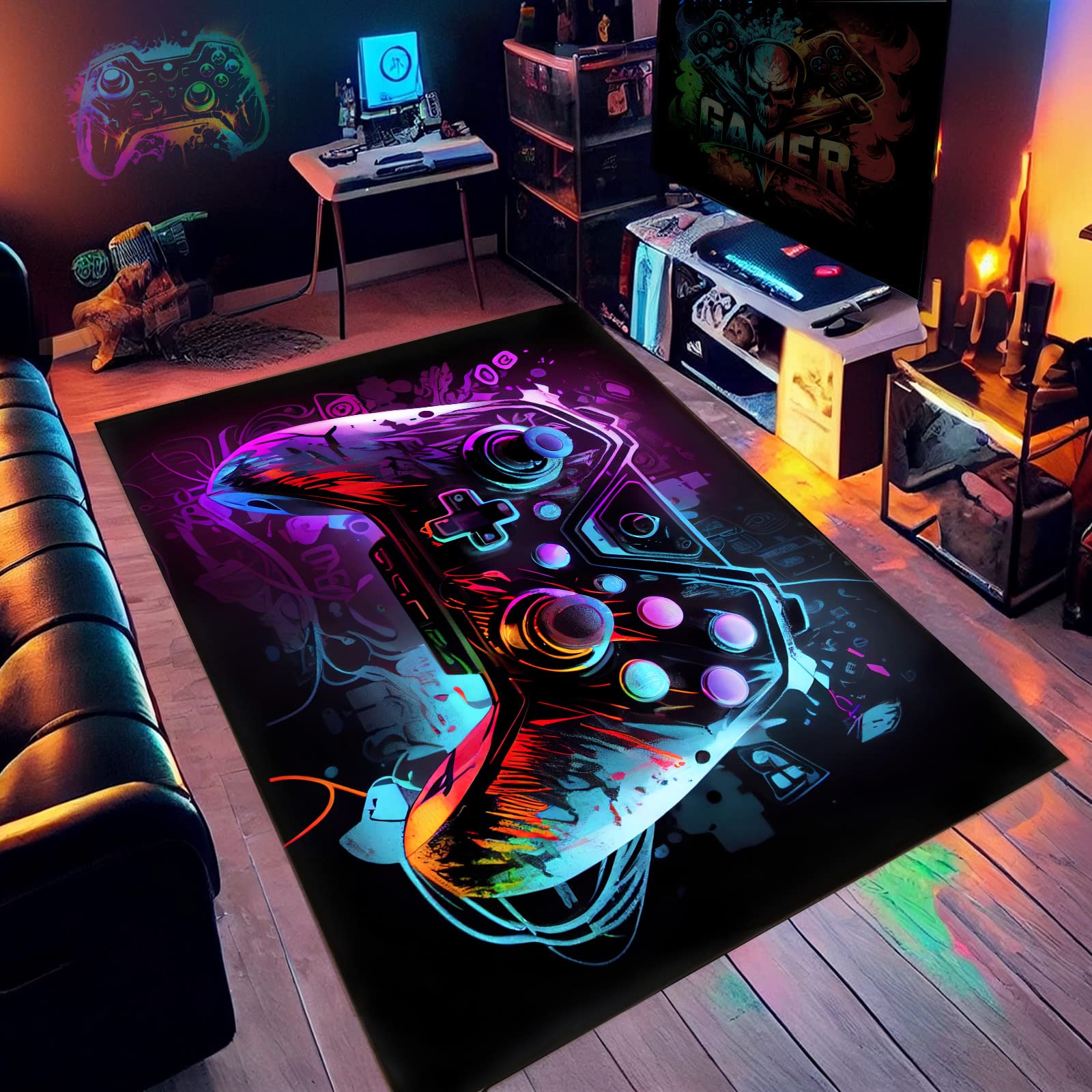 Gaming Rug for Game Room - Gamer Rug for Boys Bedroom with Game Controller Design - 36x24 Inches - Perfect for Gaming Setup, Man Cave & Teen Bedroom Decor