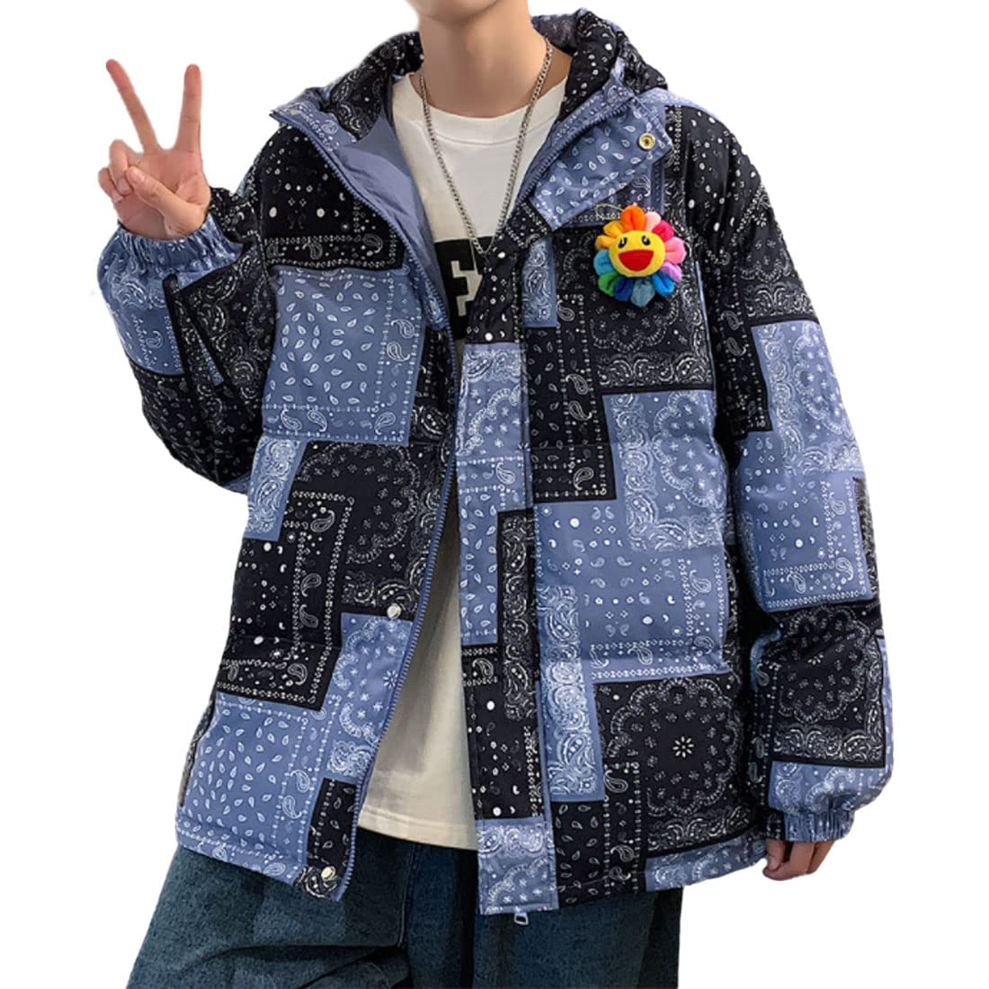 HZCX FASHION Men's Quilted Puffer Jacket with Hood - Winter Warm Printed Bubble Coat for Outdoor Activities, Snow Sports & Casual Wear