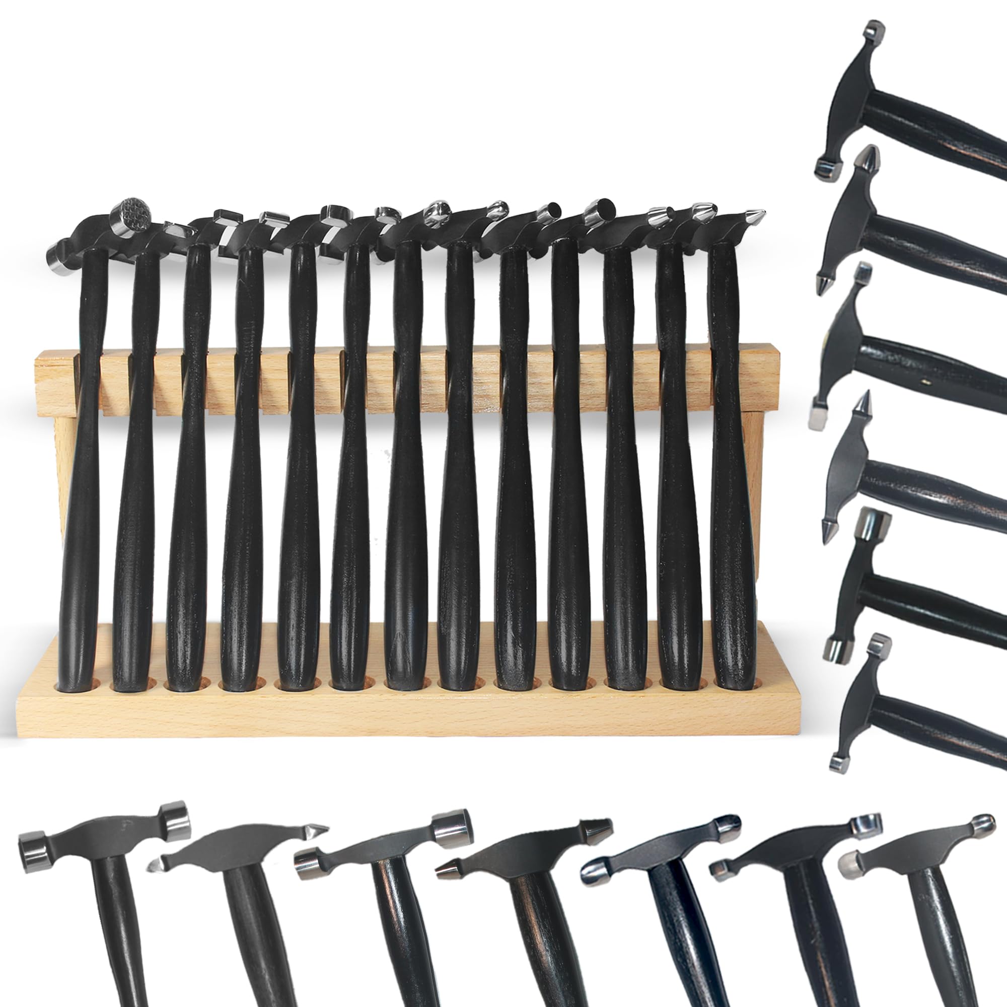 13-Piece Jewelry Making Tool Set with Texture Forming Metal Hammers & Wooden Stand - Professional Jewelers Hammer Kit for Metal Stamping, Shaping & Forming - Perfect for DIY Jewelry Crafting & Metalworking Projects