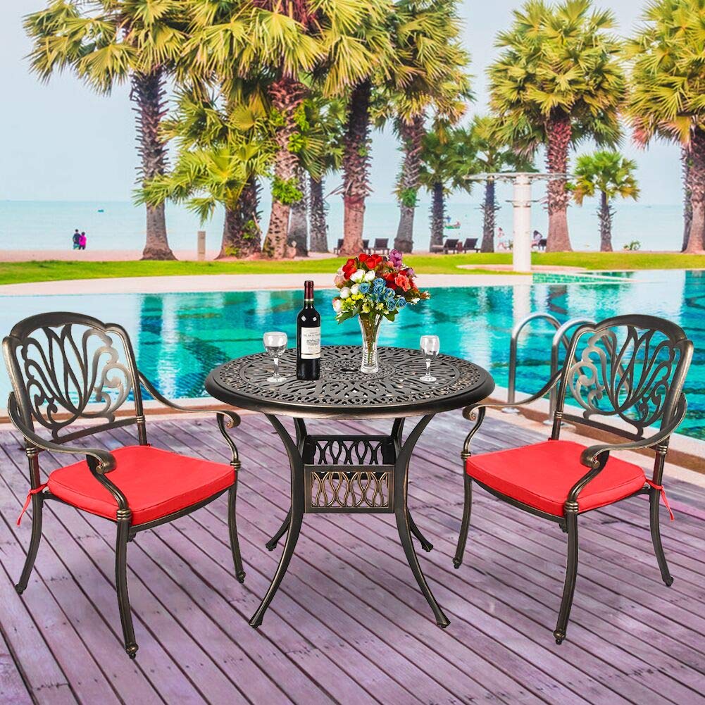 TITIMO 3-Piece All-Weather Outdoor Dining Set - Cast Aluminum Round Table & Chairs with Cushions & Umbrella Hole - Patio, Garden, Deck Furniture for Backyard, Poolside & Outdoor Entertaining (Red)