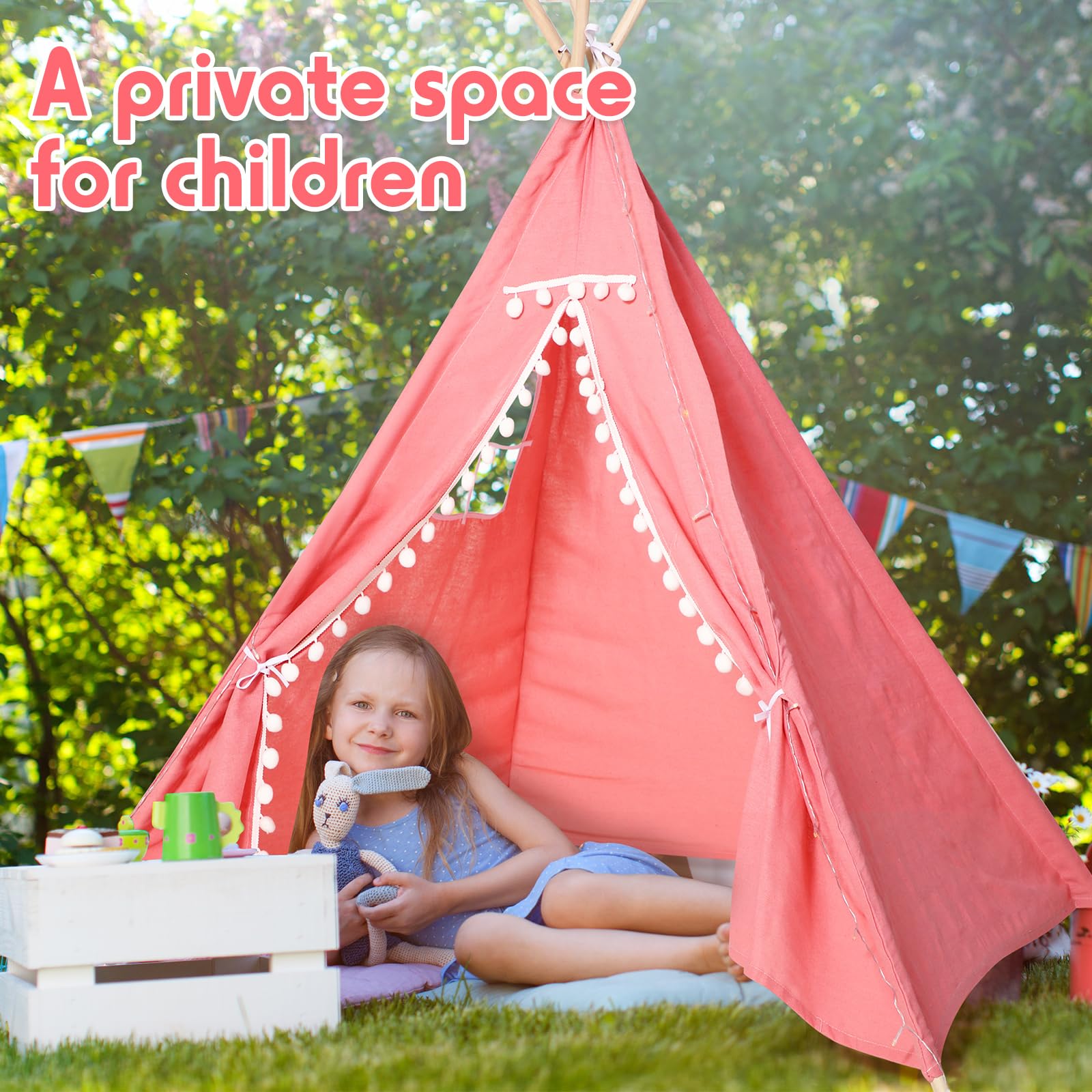 **Windyun 4-Piece Kids Teepee Tent with LED Lights - Foldable Cotton Linen Play Tent for Girls & Boys - Indoor Outdoor Slumber Party, Sleepover & Playroom Decor (Pink)**    *(Perfect for Birthday Parties, Nursery Room Decor, Camping Adventures & Cozy Playtime!)*