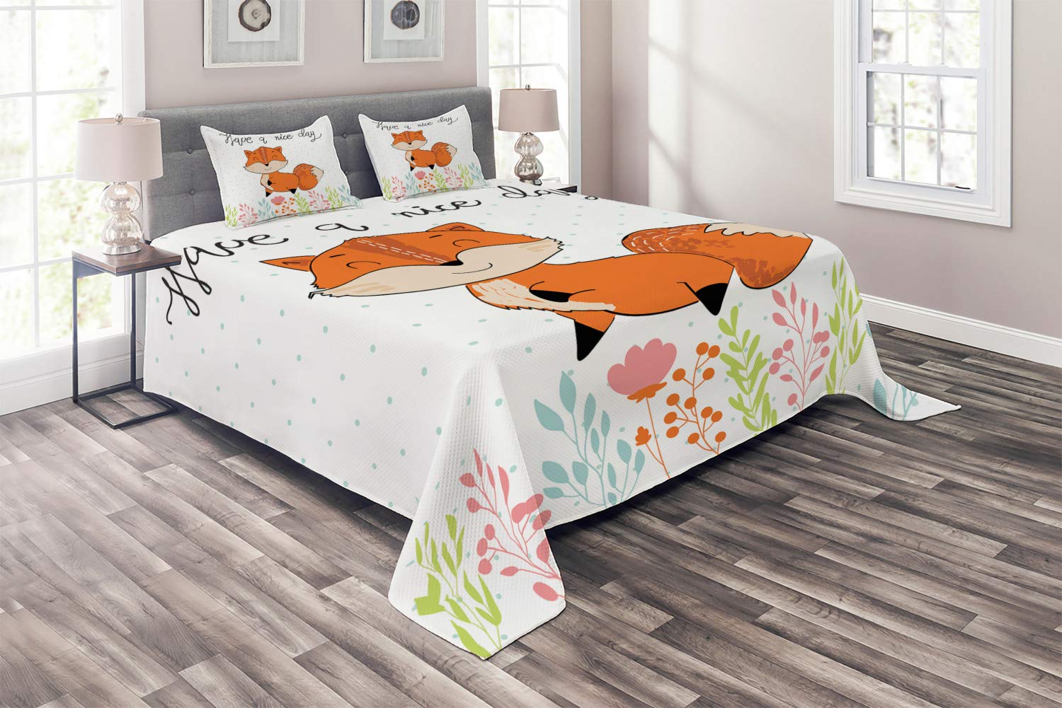 Ambesonne Fox Print Quilt Set - 3 Piece King Size Bedspread with 2 Pillow Shams, Happy Animal 'Have a Nice Day' Lettering on Polka Dot & Colorful Herbs Design in Pale Vermilion & Multicolor - Cozy Bedroom Decor for Animal Lovers