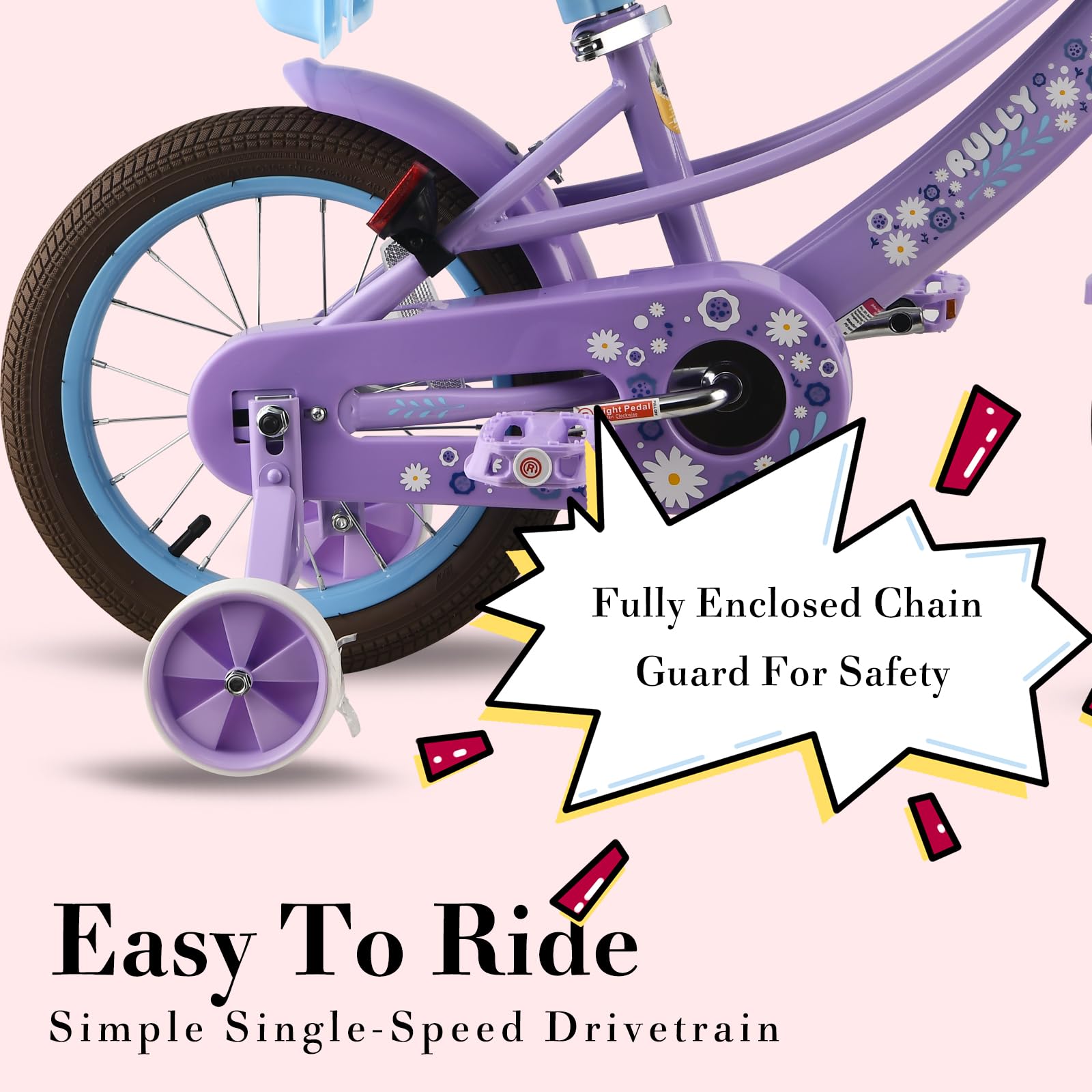**RULLY 14 Inch Girls Bike for Toddlers Age 3-5 | Kids Bicycle with Training Wheels, Basket & Doll Seat | Purple Children's Bike for Outdoor Play & Neighborhood Rides**