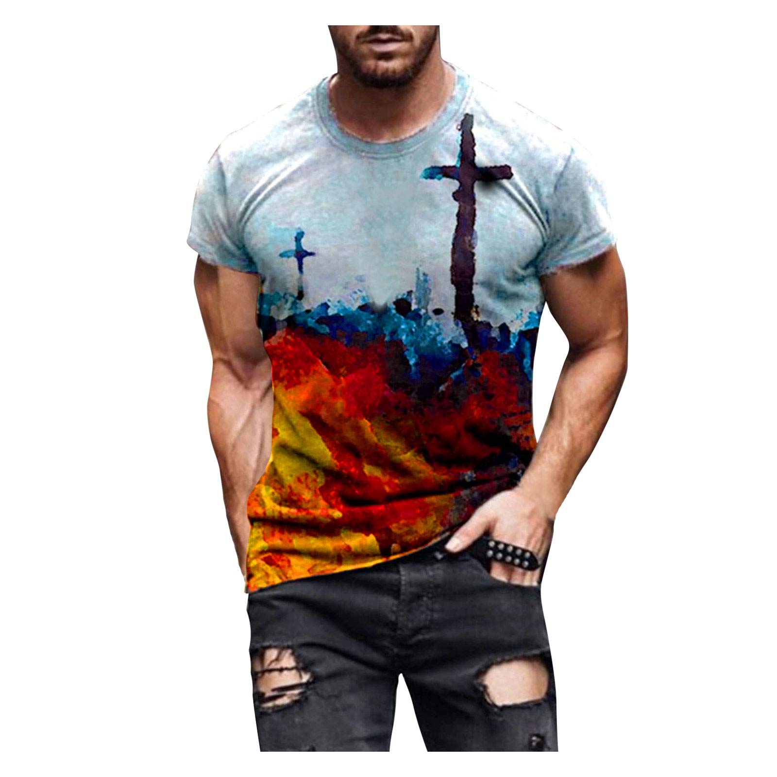 XXBR Men's Short Sleeve T-Shirt - Christian Faith Jesus Cross & Lion Tiger Print Athletic Tee for Workout, Streetwear & Casual Wear - Blue Large Size | Perfect for Gym, Church & Everyday Outfits