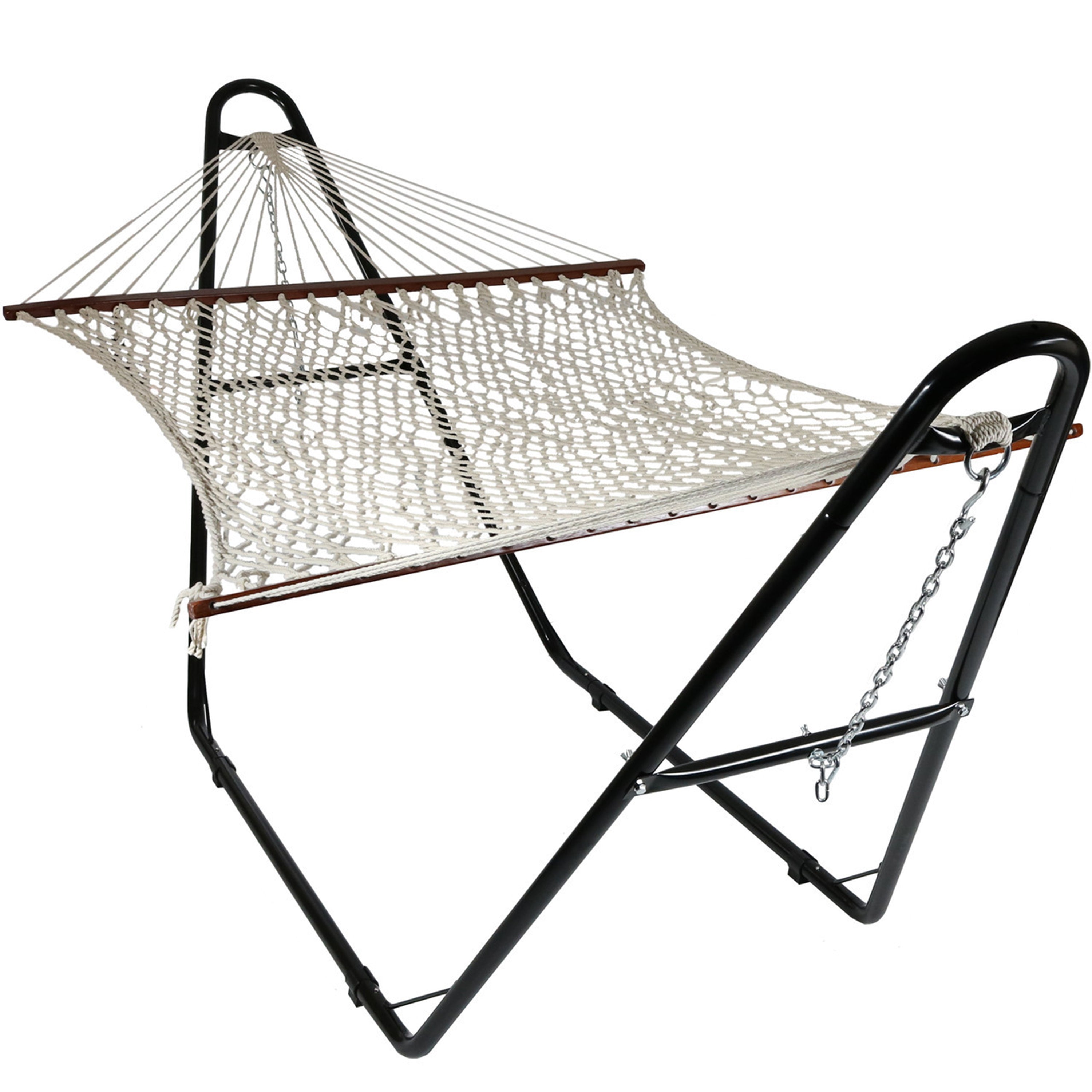 Sunnydaze 2-Person Cotton Rope Hammock with Steel Stand - Portable Outdoor Hammock for Backyard, Patio, Beach & Camping - Perfect for Relaxation & Lounging