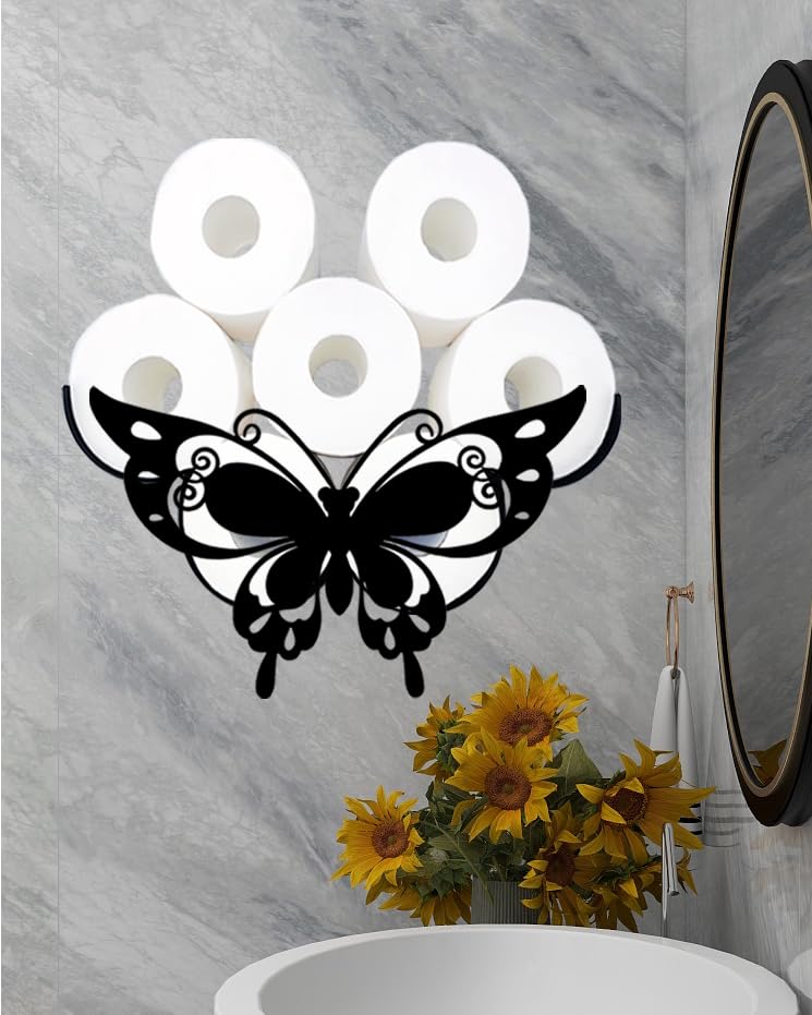 Funny Butterfly Toilet Paper Holder - Metal Wall Mounted Black Bathroom Tissue Roll Dispenser for 8 Rolls - Universal Fit Paper Roll Storage Shelf - Bathroom Floor Decor Accessories - Perfect for Home, Office, and RV Bathrooms