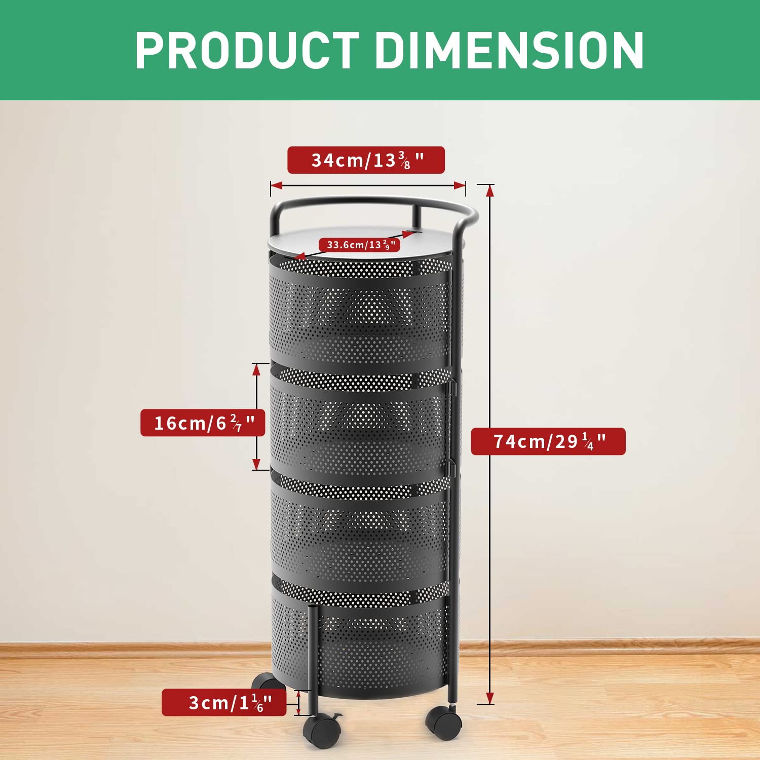 4-Tier Rotating Kitchen Storage Rack - No Assembly Metal Organizer with Rolling Wheels & Removable Drawers for Fruits, Vegetables, Potatoes, Onions - Perfect for Pantry, Grocery, and Small Space Organization (Black)