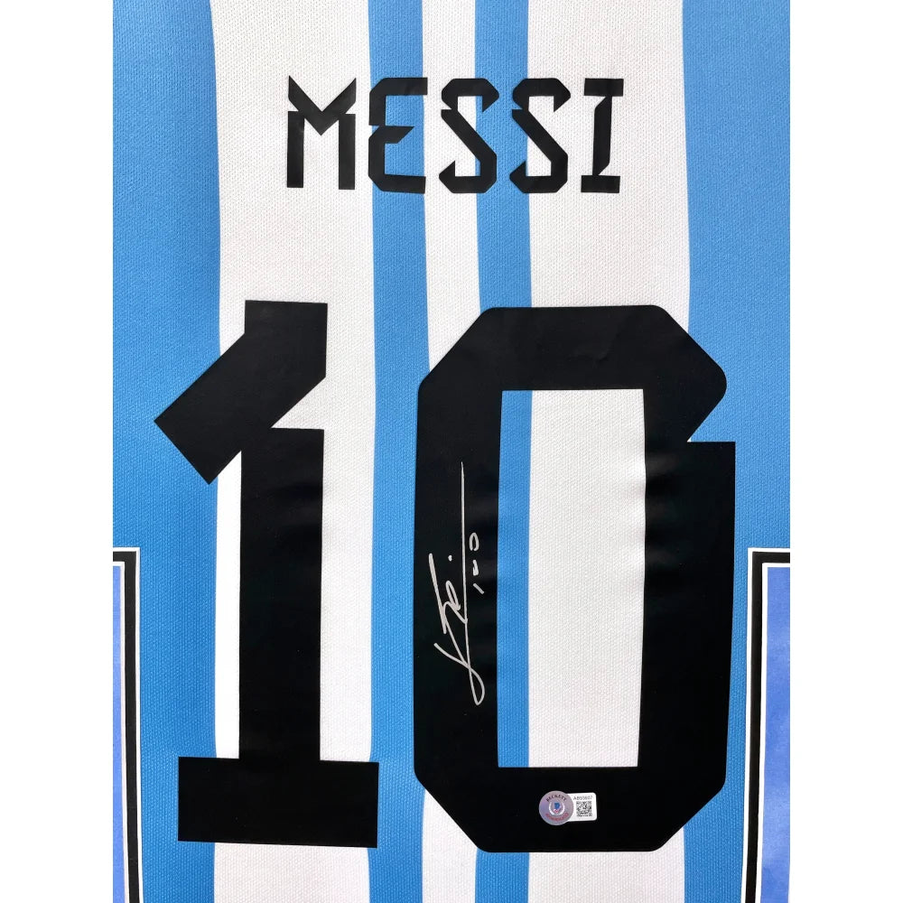 Lionel Messi Autographed Argentina 2022 World Cup Jersey - Framed with BAS Certificate - Perfect for Sports Memorabilia Collectors & Football Fans Display