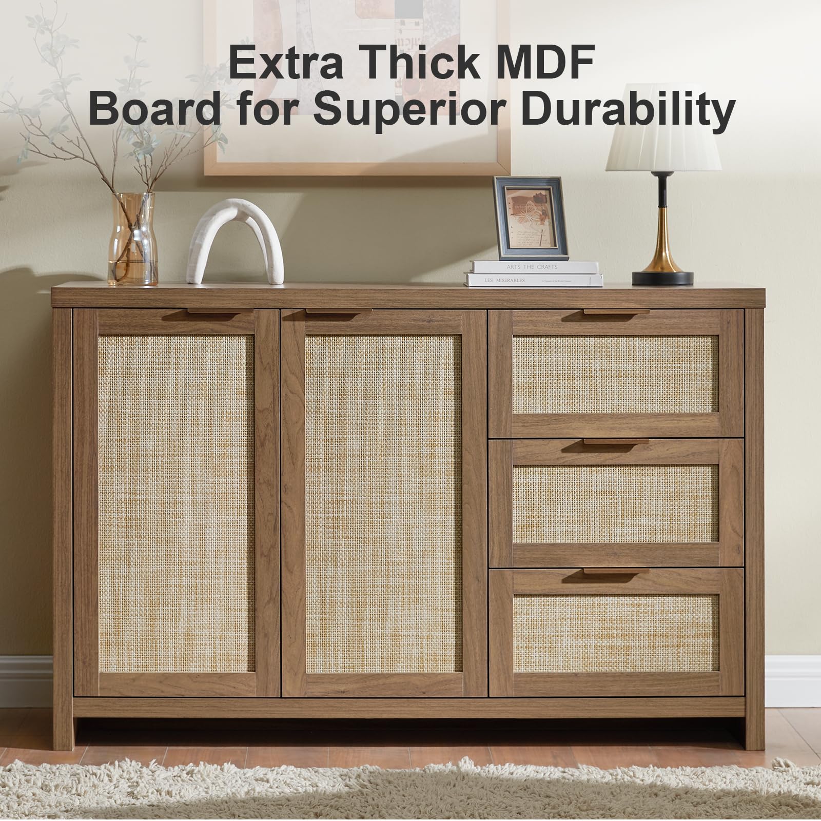 Hampstead 3-Drawer Rattan Storage Cabinet with 2 Doors & Adjustable Shelves - Sideboard Buffet Cabinet for Living Room, Dining Room & Bedroom Organization (Special Walnut Finish)