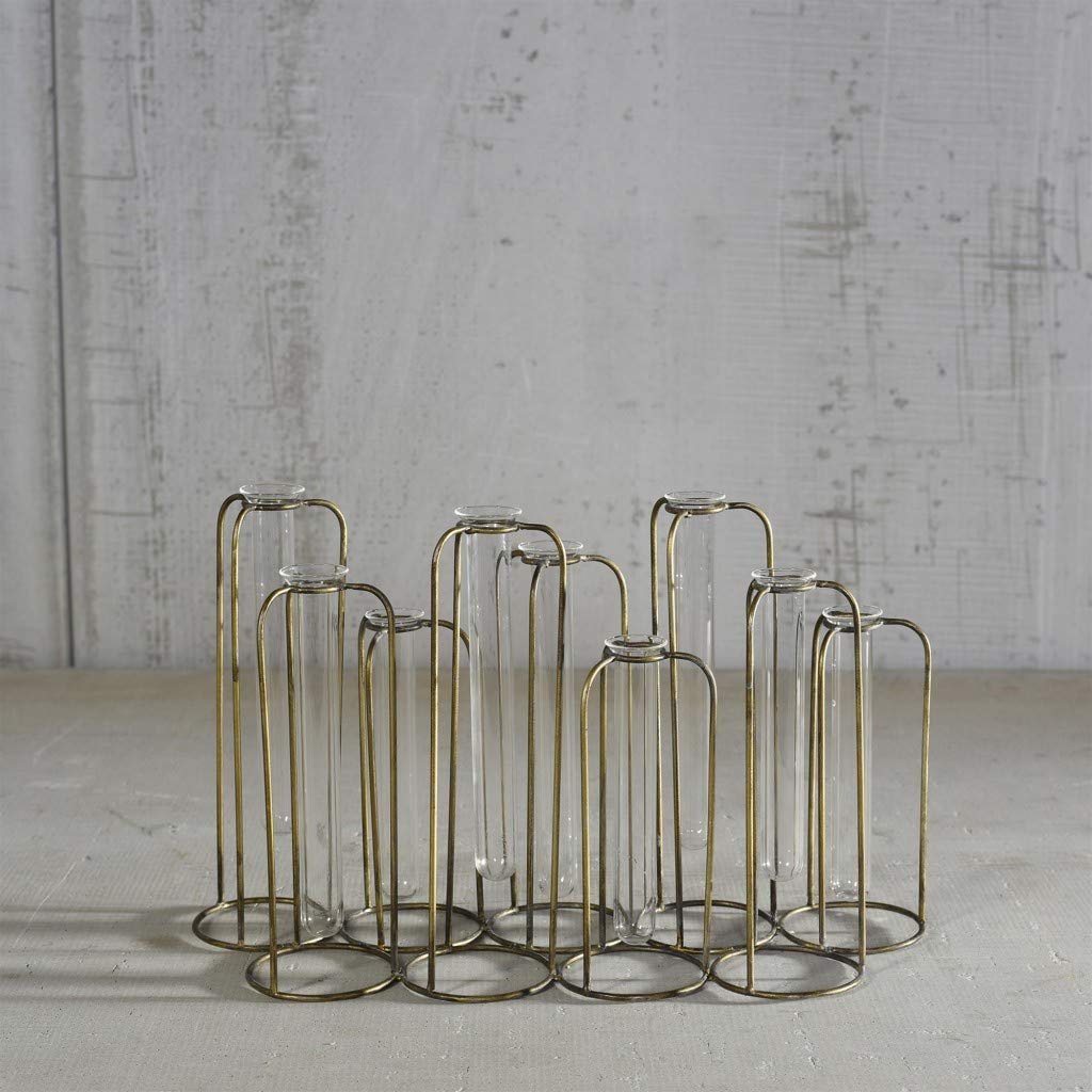 Elegant Clear & Gold Glass Test Tube Cluster Vase with Metal Burnished Gold Finish - Perfect for Wedding Centerpieces, Floral Arrangements, and Home Decor