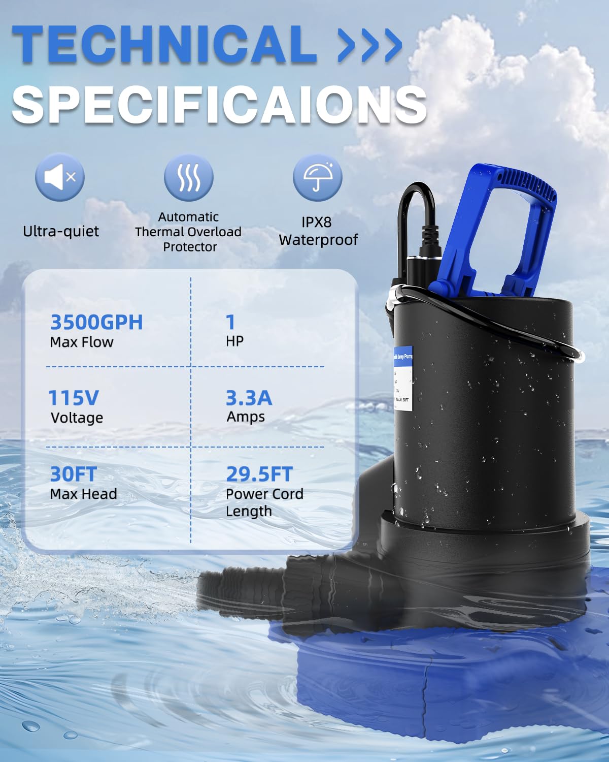 1 HP 3500 GPH Automatic Pool Cover Pump - Submersible Water Pump with Check Valve & 3 Adapters, 29.5FT Cord - Above Ground Automatic On/Off System, Sump for Basement Floods, Ponds, Spas & Pool Maintenance - Perfect for Home, Garden & Water Feature Applications