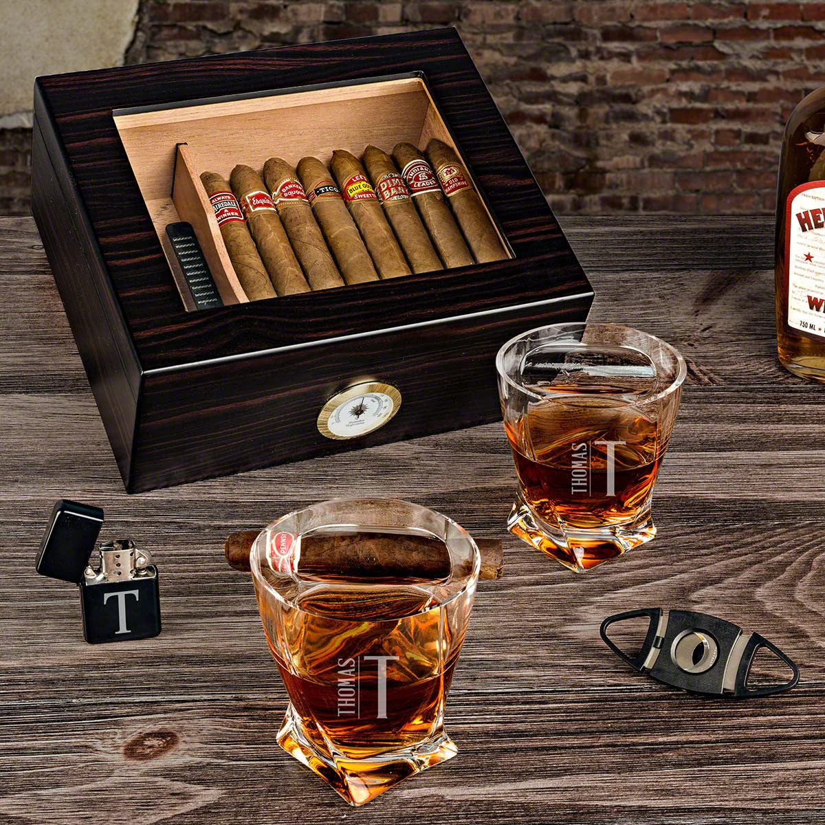 Personalized Cigar Humidor with Whiskey Glasses Gift Set - Custom Engraved Wooden Cigar Box & Crystal Glasses for Whiskey Lovers - Perfect for Home Bars, Man Caves & Luxury Gifts