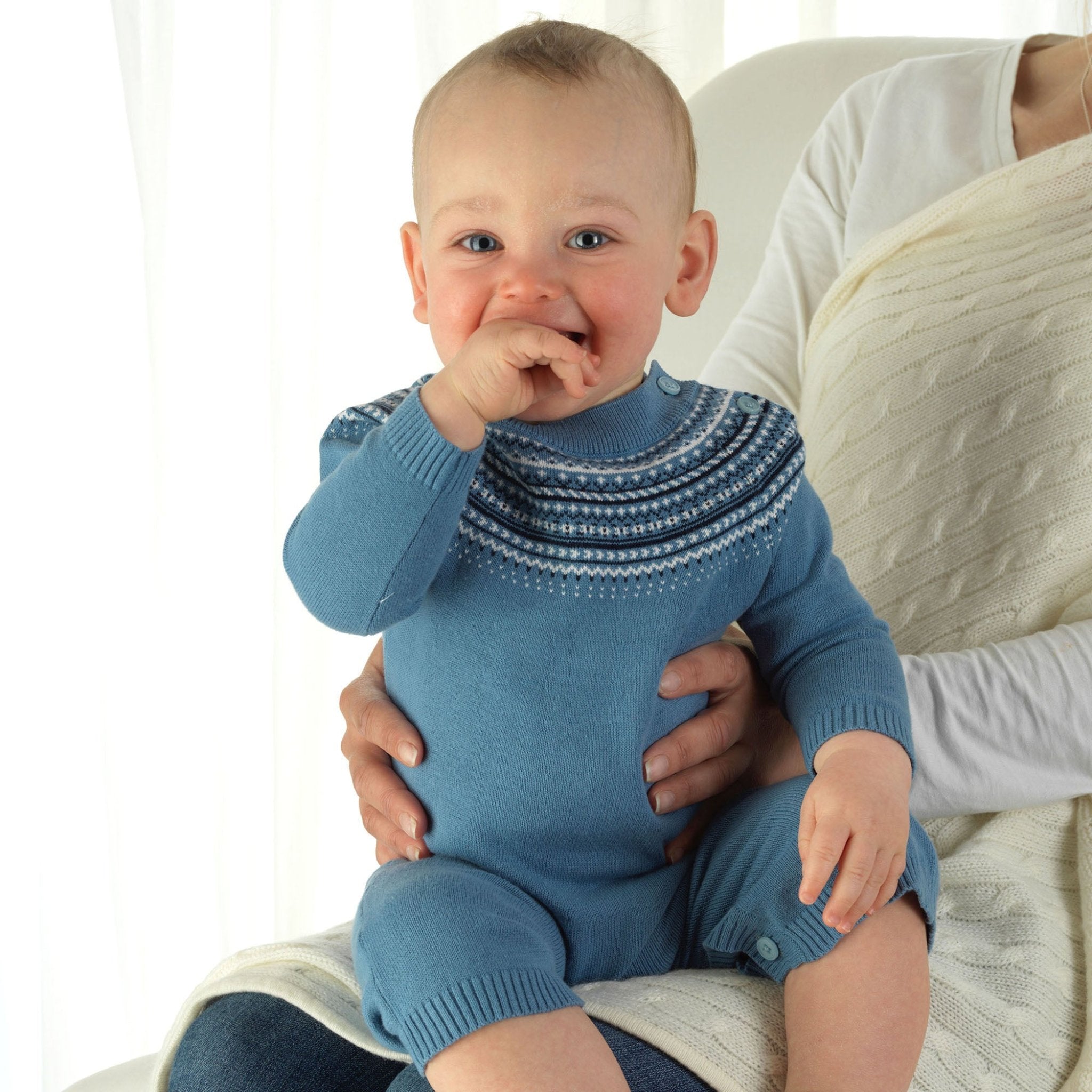 Blue Fairisle Knit Playsuit for Women - Cozy Winter Jumpsuit with Nordic Pattern - Perfect for Christmas, Holiday Parties & Casual Outings