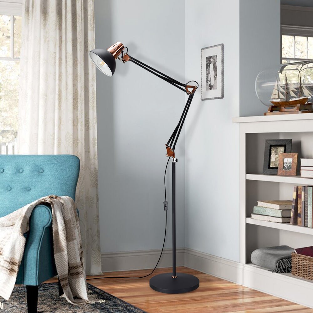 Modern Metal Floor Lamp with Flexible Swing Arms & Adjustable Head - Industrial Standing Lamp for Living Room, Bedroom, Office - Matte Grey Finish - Perfect for Reading, Task Lighting & Home Decor