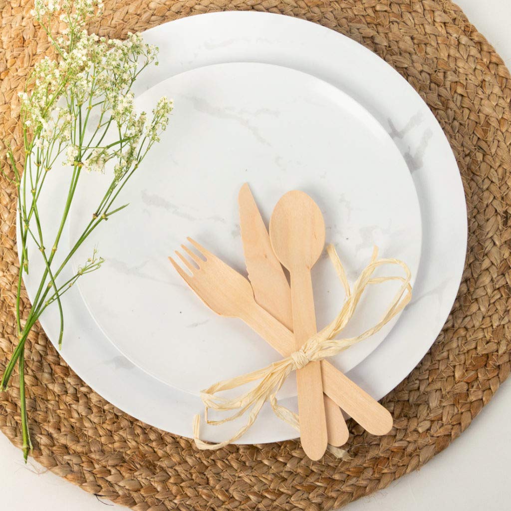 EcoQuality 6 Inch Round White Plastic Plates with Stone Marble Design - Heavy Duty Disposable Dessert Plates for Weddings, Parties, Baby Showers & Events (240 Pack) - Elegant Tableware for Salads, Snacks & Catering