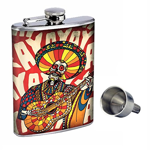 8oz Stainless Steel Whiskey Flask with Free Funnel - Elegant Mariachi Design - Perfect for Gifts, Parties & Outdoor Adventures (Model D-007)