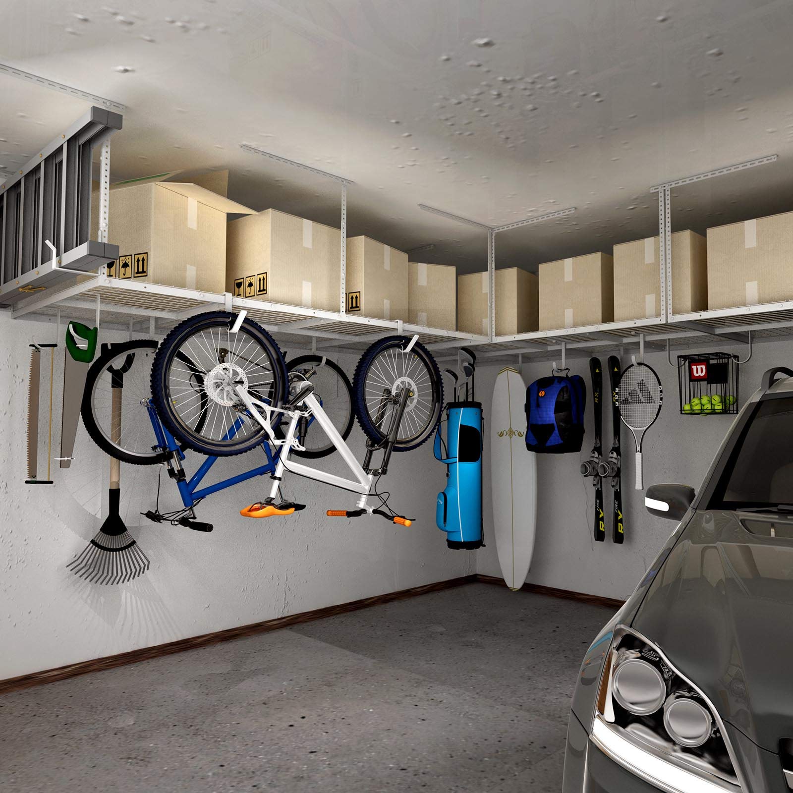 FLEXIMOUNTS 2-Piece Adjustable Overhead Garage Storage Rack Set with Hooks - 96