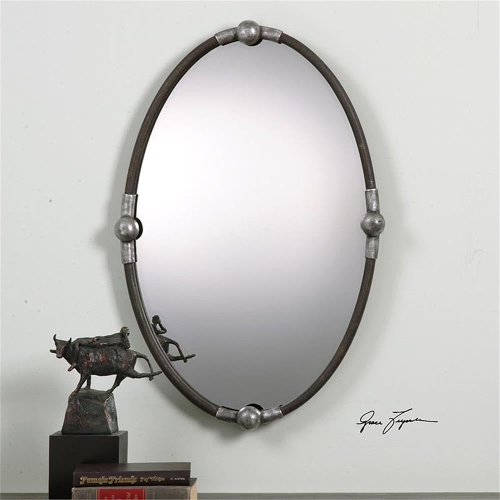 BOWERY HILL Modern Black Iron Oval Glass Mirror - Elegant Wall Decor for Living Room, Bedroom & Entryway