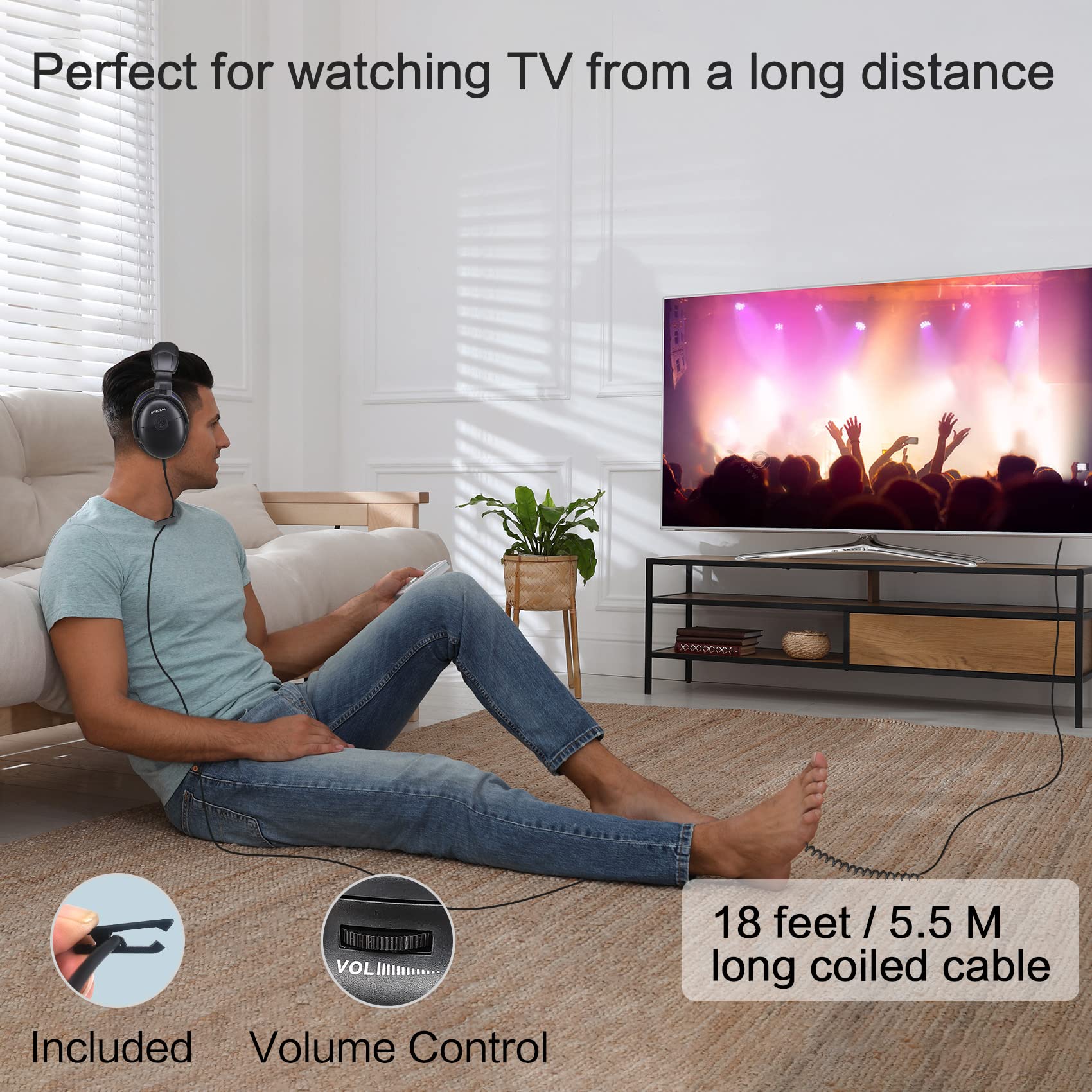 SIMOLIO Amplified TV Headphones for Seniors - 18ft Extra Long Coil Cord, Volume Control & Clear Dialogue - Over Ear Wired Headphones with 40 Hours Playtime & Clip - Perfect for Watching TV, Movies, and Hearing Assistance at Home