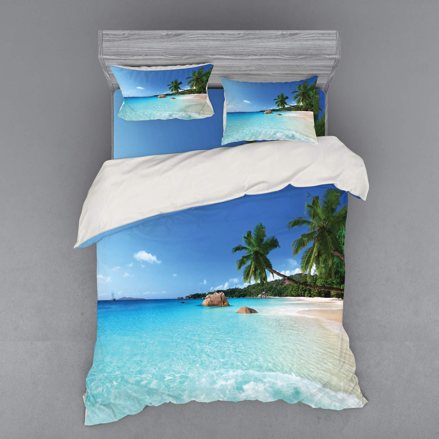 Ambesonne Ocean Queen Size 4-Piece Duvet Cover Set - ANSE Lazio Beach at Praslin Island Surfing Scenic View - Turquoise Blue Green Bedding with Shams & Fitted Sheet | Tropical Beach Themed Bedroom Decor for Coastal Homes & Vacation Rentals