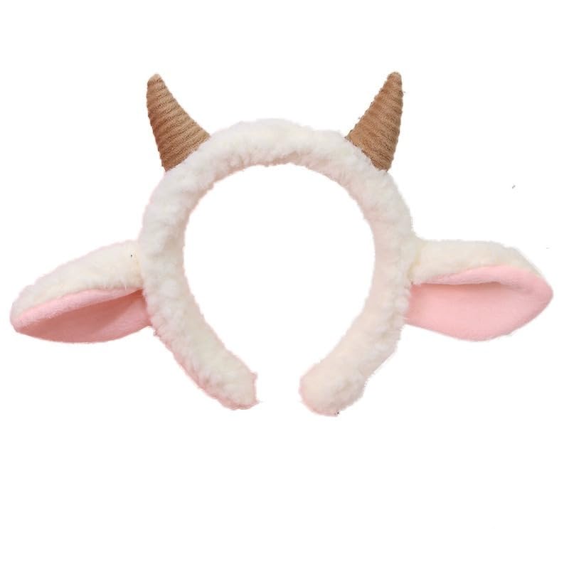 CALLARON Sheep Ear Headband with Horns - Cute Animal Hairband for Women & Kids - Goat Costume Accessory for Halloween, Cosplay, Parties & Festivals - 9.04x9.82 Inch Furry Headwear