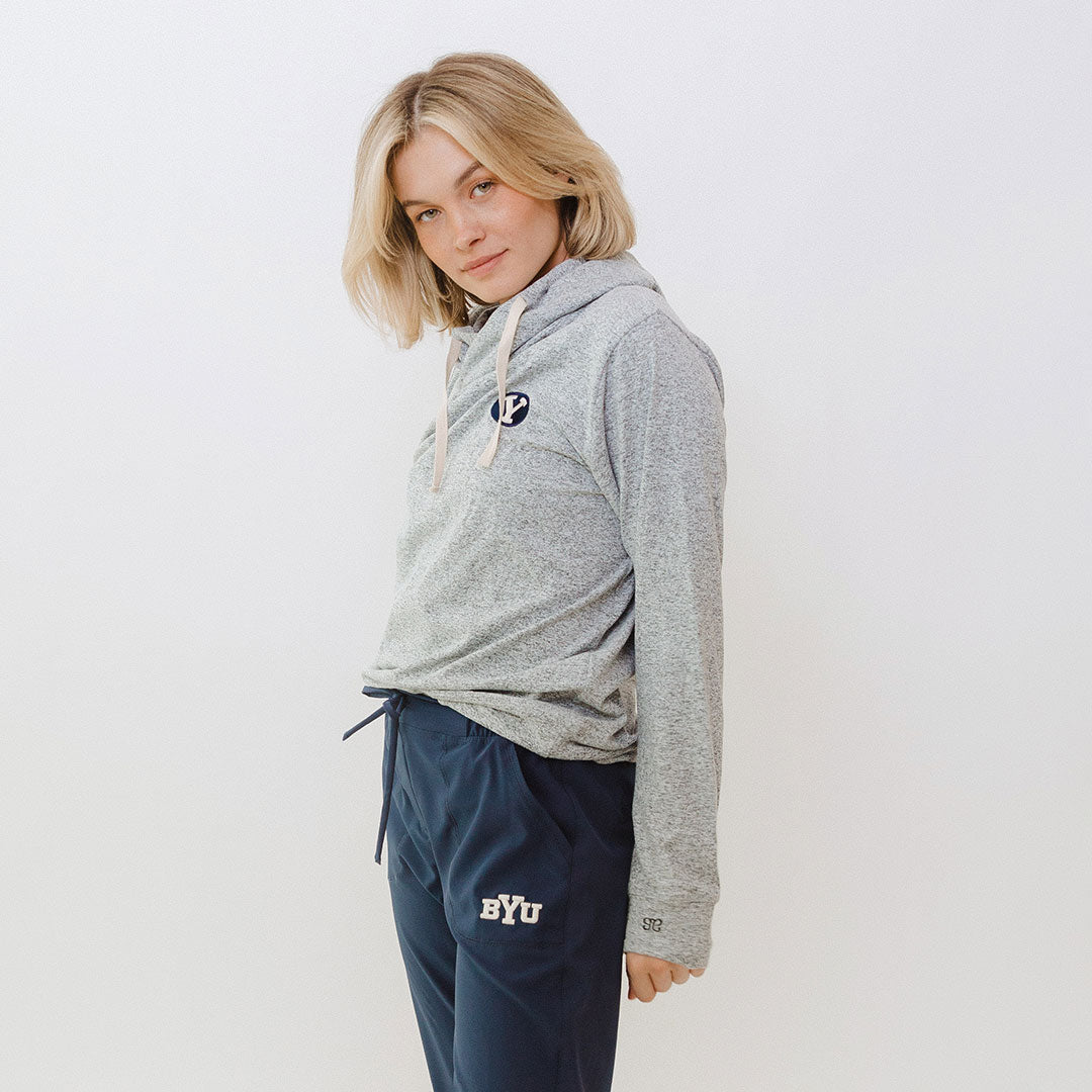 BYU Travel Hoodie for Men & Women - Soft Heather Grey Pullover Sweatshirt - Perfect for College, Campus, and Outdoor Adventures