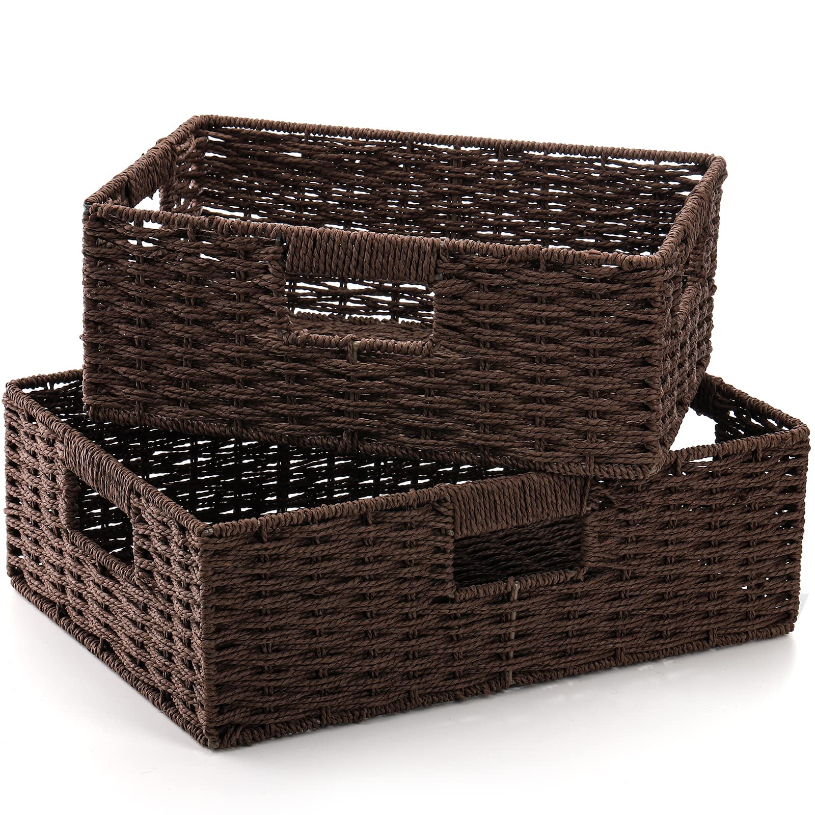 TOPZEA 2-Pack Brown Wicker Storage Baskets - Handwoven Paper Rope Shelf Organizer with Handle for Pantry, Kitchen, Bathroom & Coffee Bar | Perfect for Home Organization, Closet Storage & Decorative Shelving