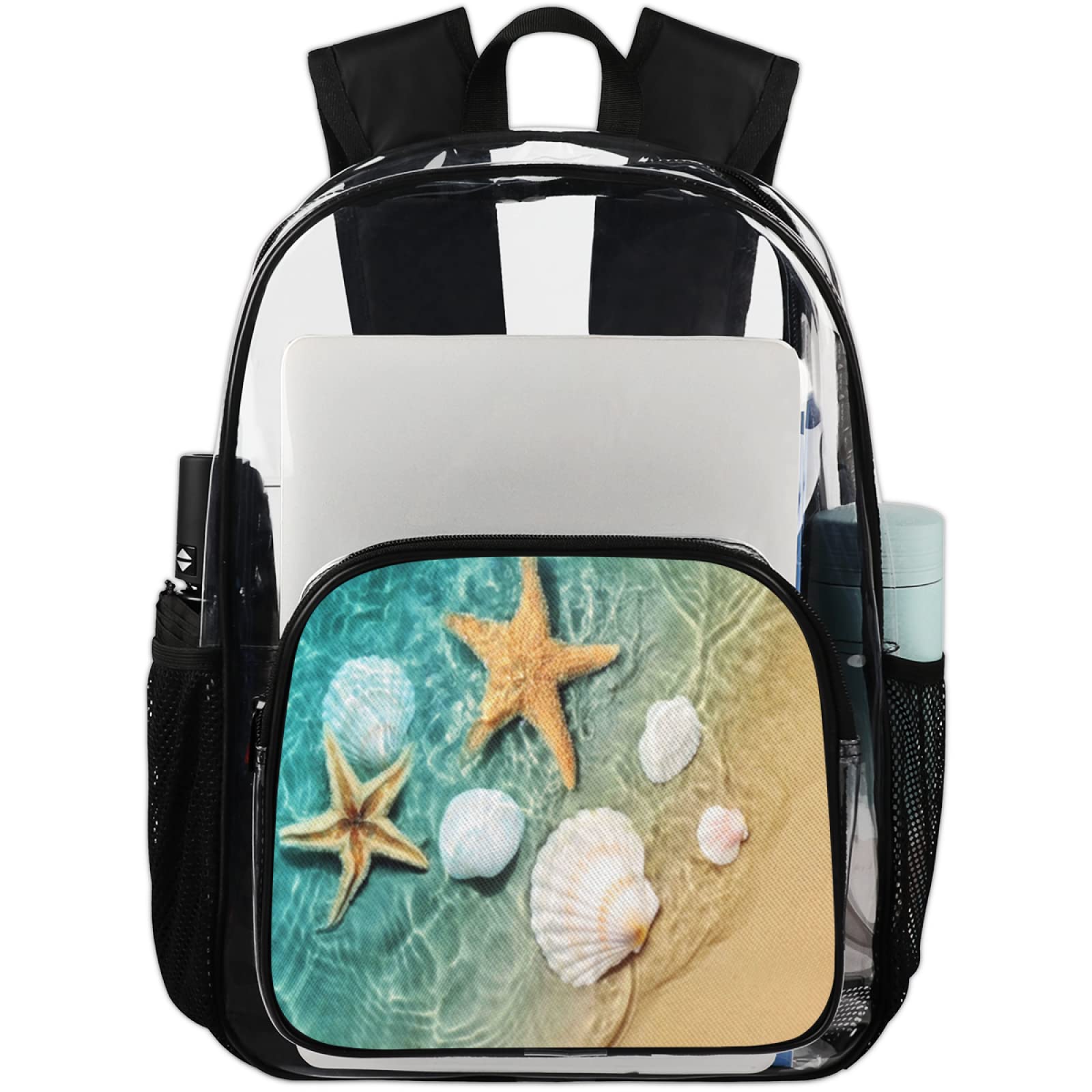 Starfish Seashell Heavy Duty Clear Transparent PVC Backpack - Waterproof See-Through School Bag for Beach, Travel, Work & Stadium Security | Perfect for Summer Vacations, Concerts and Airport Security Checks