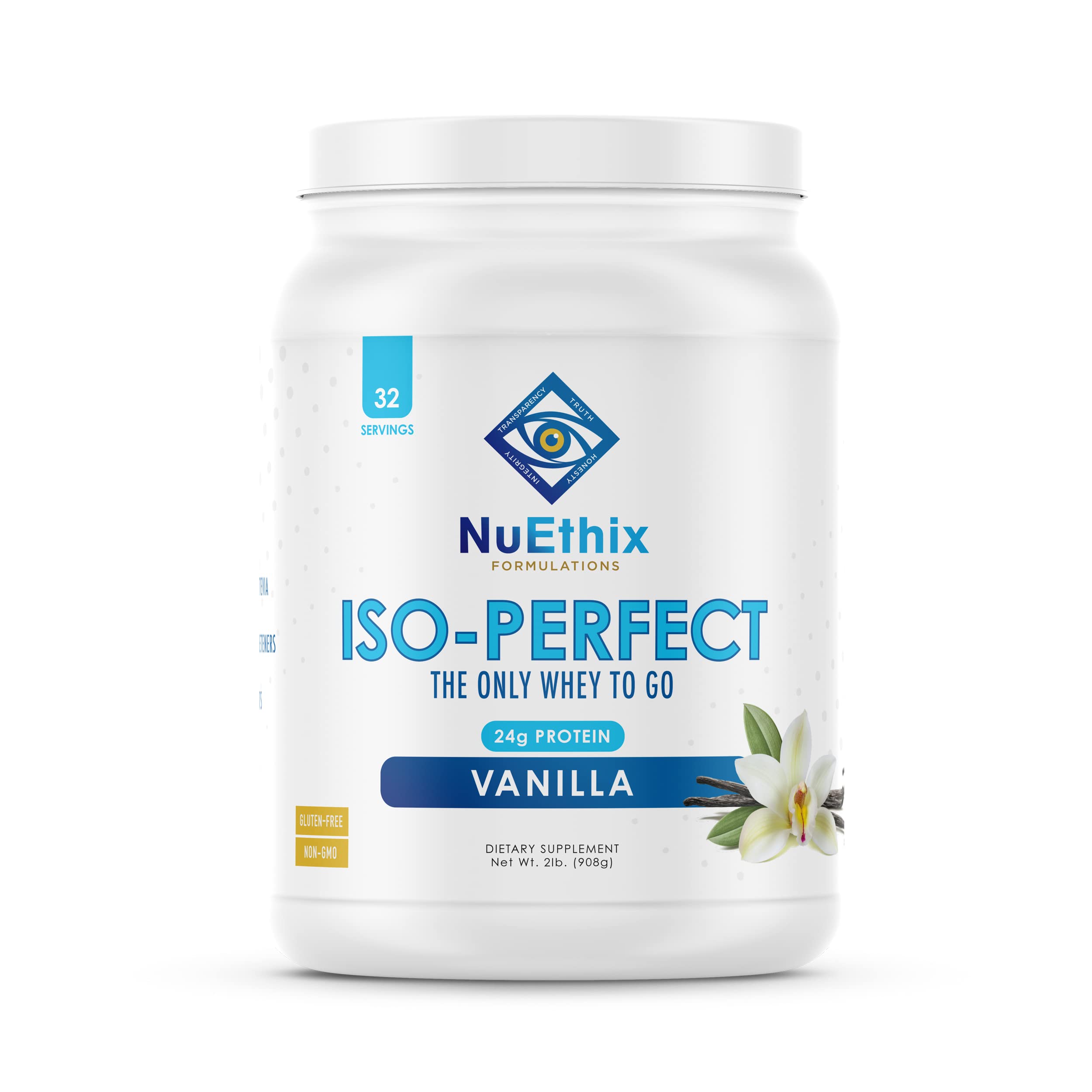 NuEthix Formulations Iso-Perfect Whey Protein Isolate Powder - 24g Protein per Serving, Naturally Sweetened with Stevia, Vanilla Flavor, 32 Servings - Ideal for Post-Workout Recovery & Muscle Building