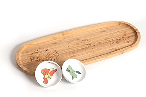 Premium Bamboo Charcuterie Board Set with 2 Colorful Ceramic Bowls - Handmade Cheese Platter for Entertaining, Dinner Parties & Gift Giving - Elegant Serving Tray by Mickala Design
