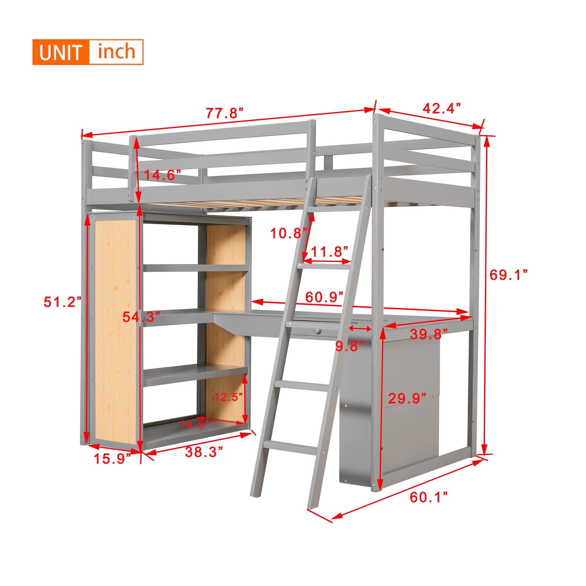 P PURLOVE Twin Size Wood Loft Bed with Desk & Storage Shelf for Kids - Sturdy High Loft Bed with Slat Support (No Box Spring Needed) - Perfect for Small Bedrooms, Dorm Rooms & Space-Saving Kids' Rooms
